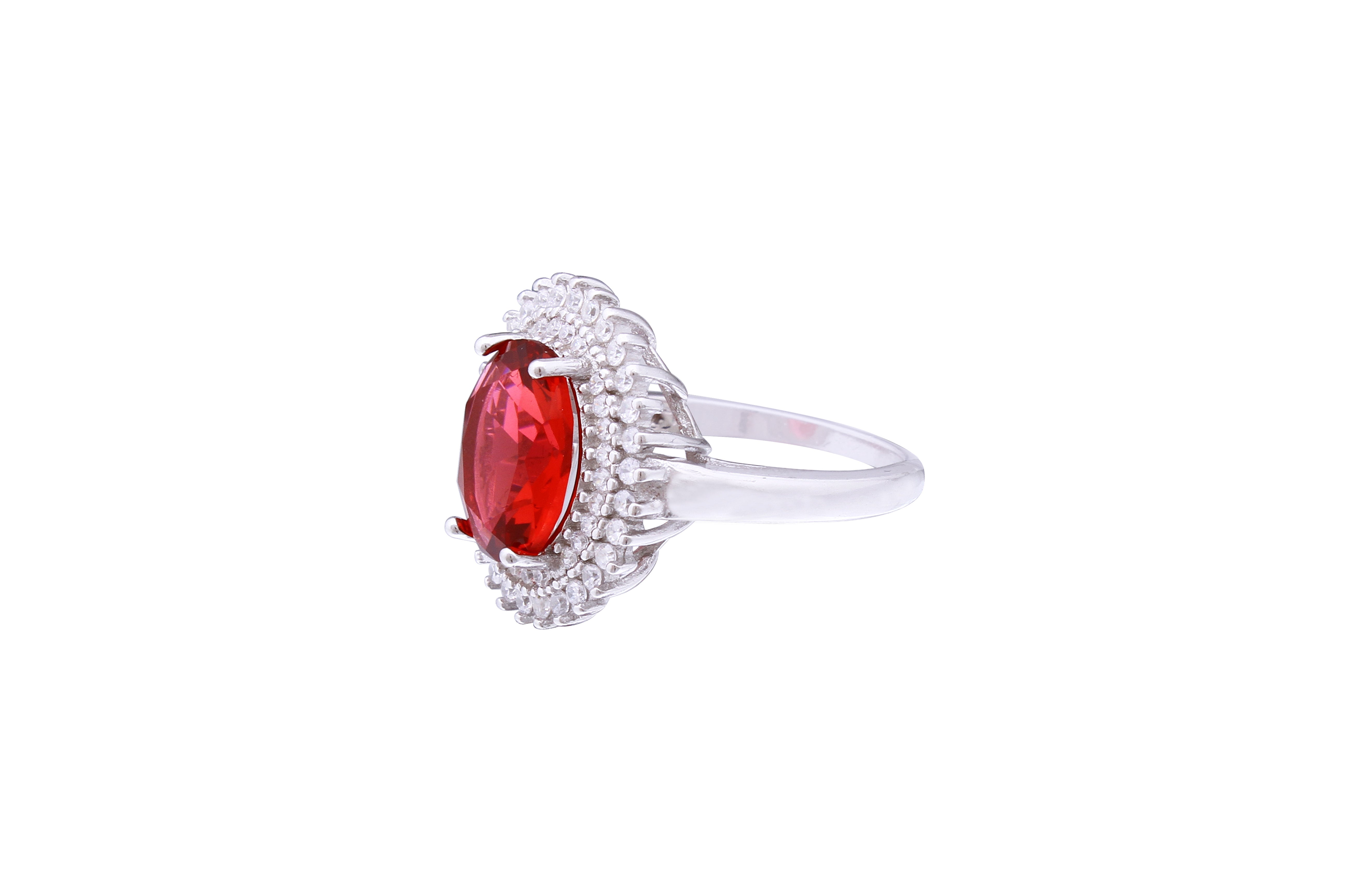 Asfour Crystal Halo Ring With Oval Cut Ruby Zircon Stone In 925 Sterling Silver RD0070-RW-7