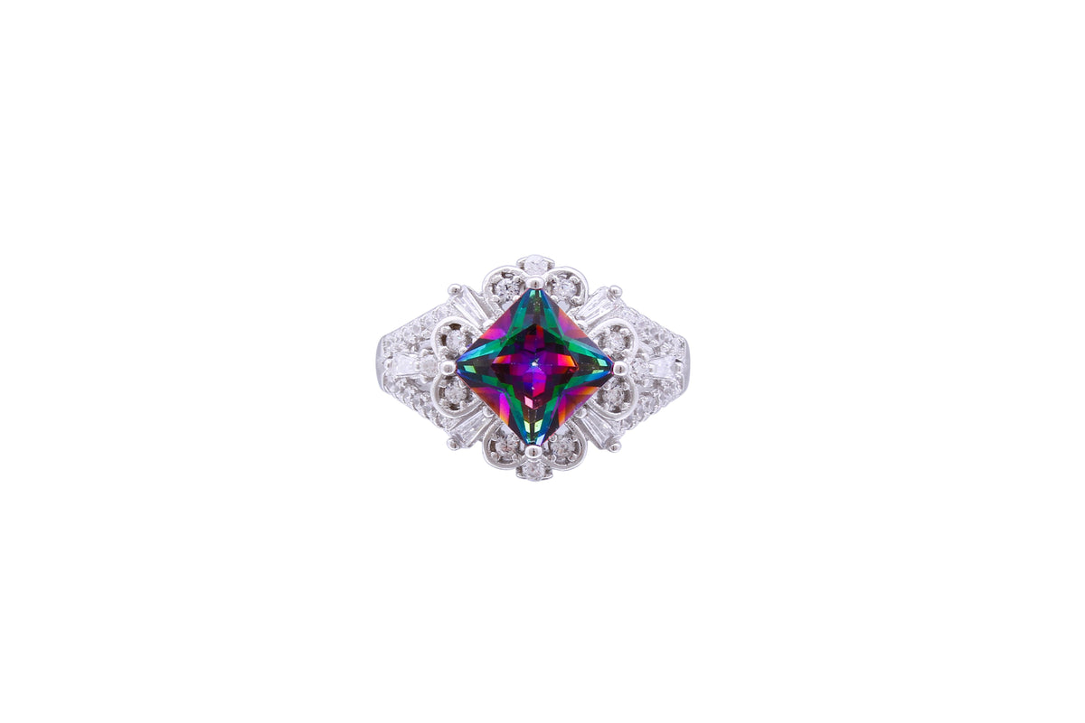 Asfour Crystal Cocktail Ring With Multi Color Rhombus Design In 925 Sterling Silver RD0071-APW-8