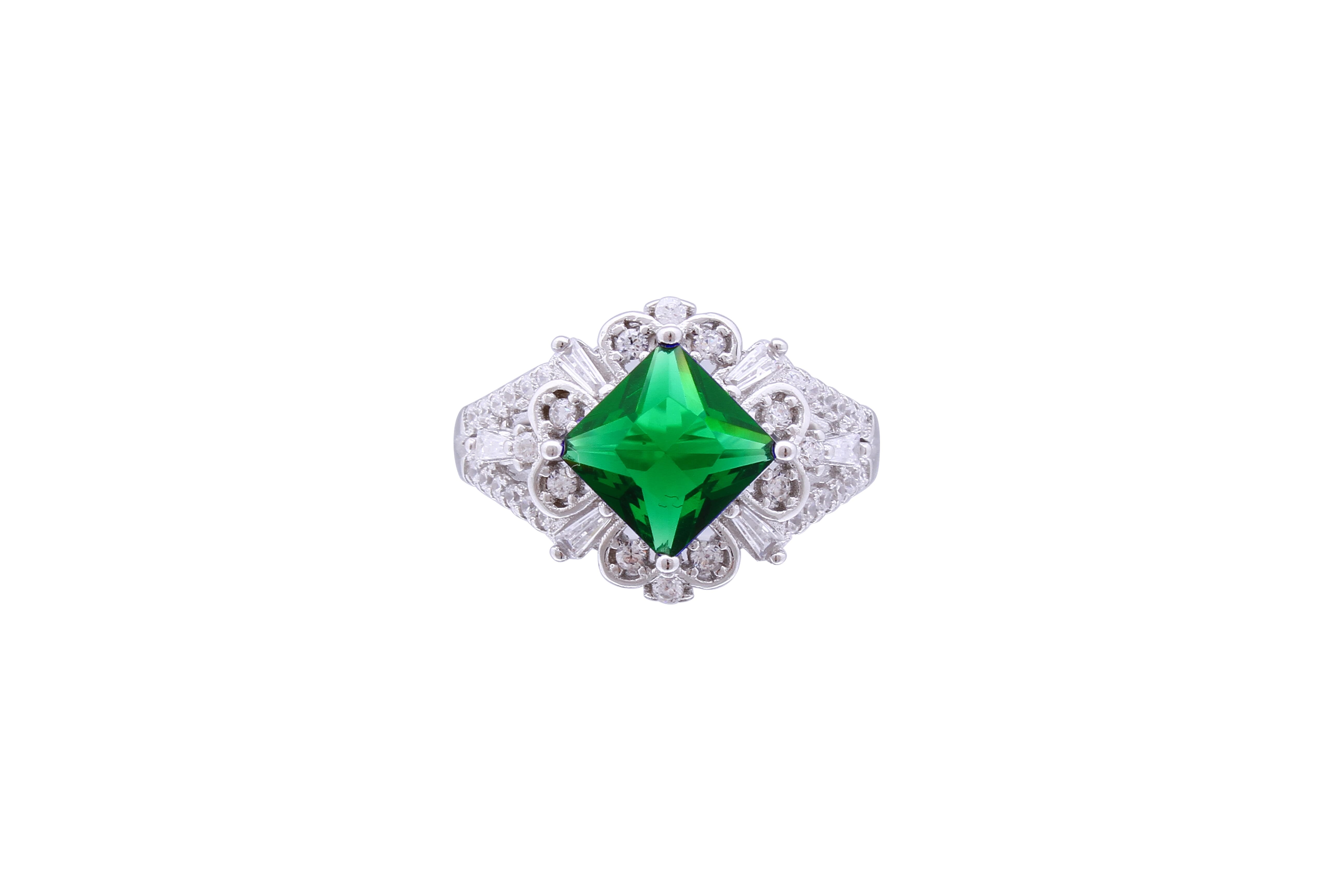 Asfour Crystal Cocktail Ring With Emerald Rhombus Design In 925 Sterling Silver RD0071-GW-7