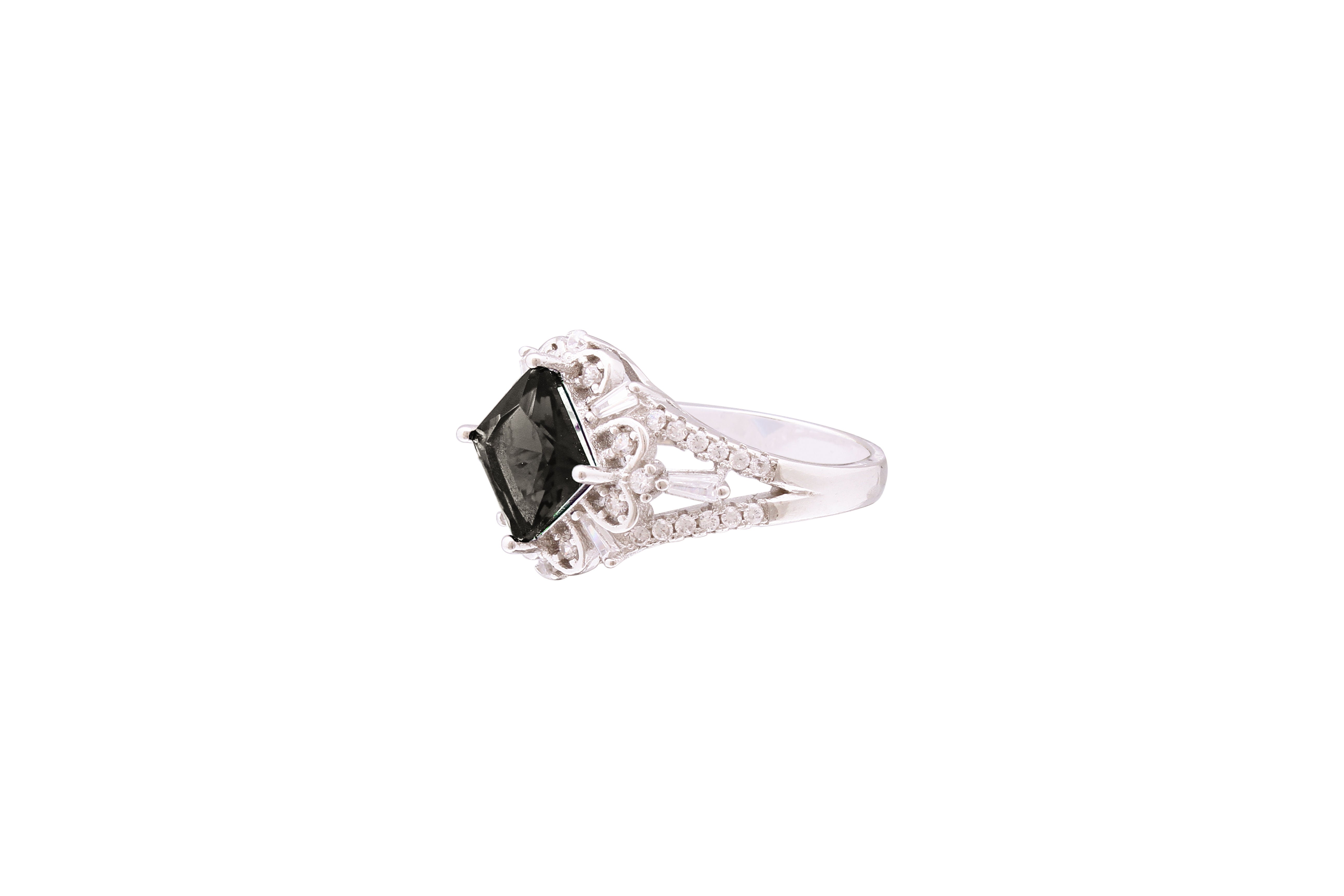 Asfour Crystal Cocktail Ring With Black Rhombus Design In 925 Sterling Silver RD0071-PW-7