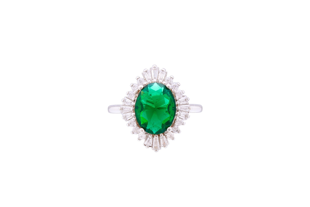 Asfour Crystal Halo Ring With Emerald Rhombus Design In 925 Sterling Silver RD0072-GW-7