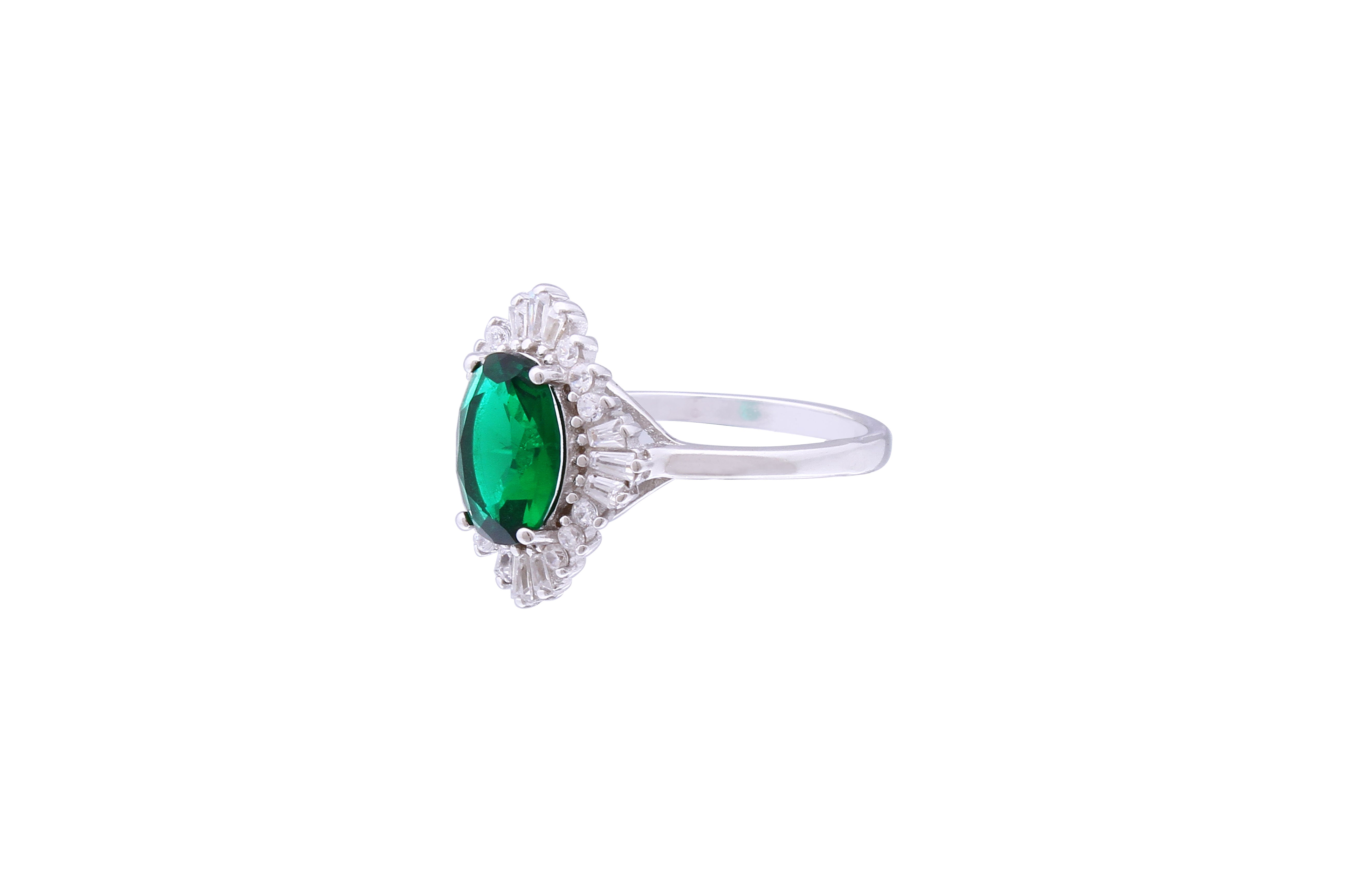 Asfour Crystal Halo Ring With Emerald Rhombus Design In 925 Sterling Silver RD0072-GW-7