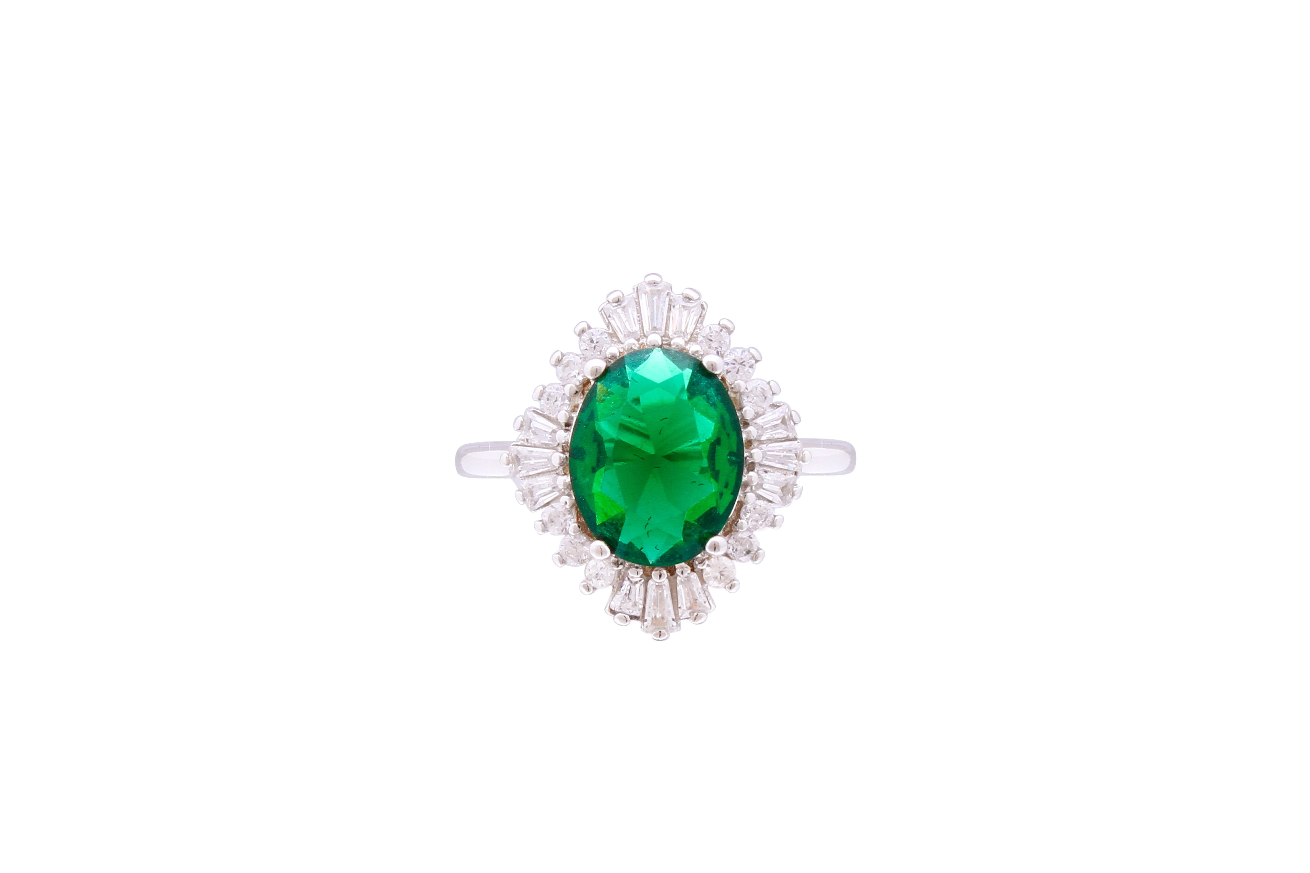 Asfour Crystal Halo Ring With Emerald Rhombus Design In 925 Sterling Silver RD0072-GW-8