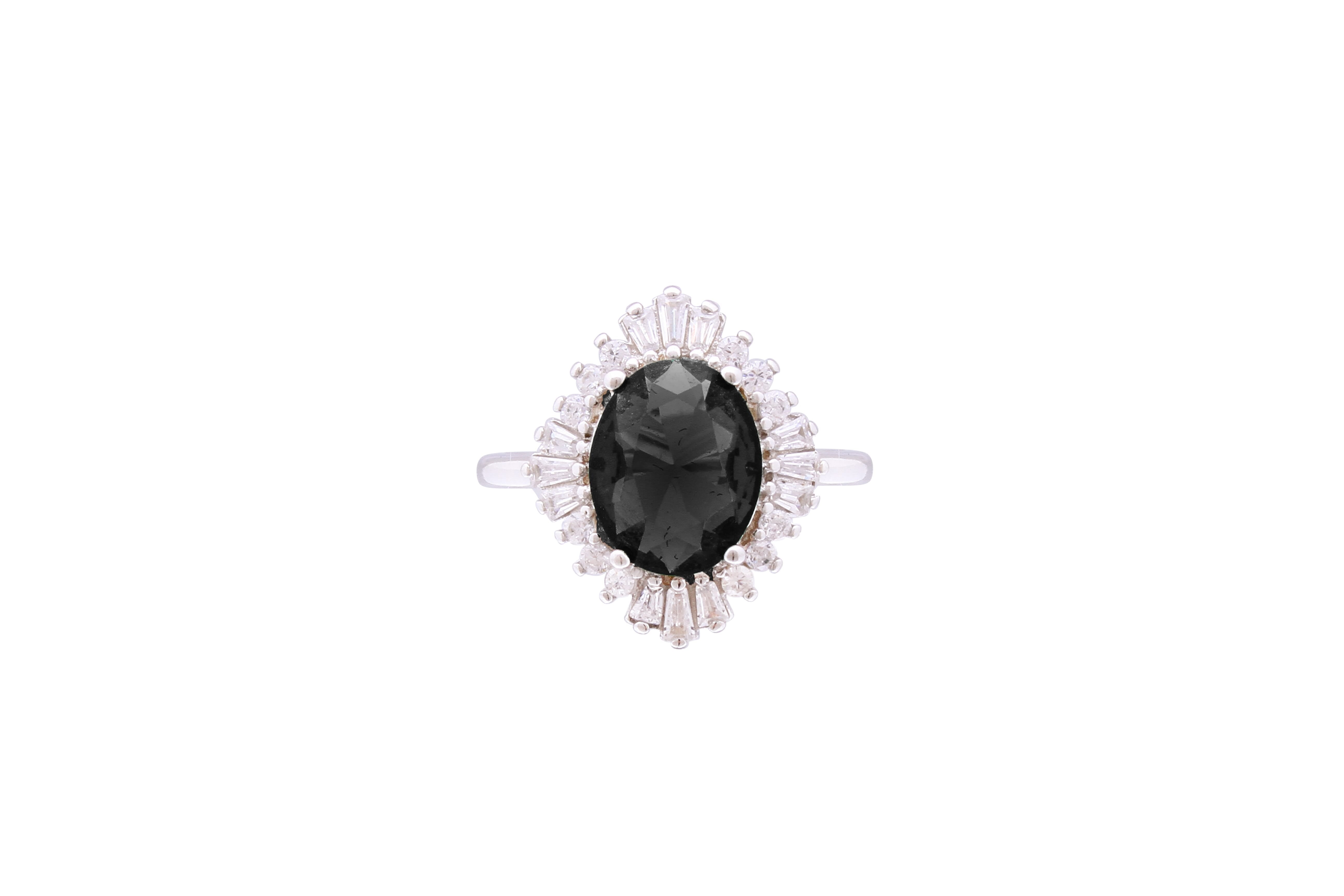 Asfour Crystal Black Oval Ring Inlaid With Zircon Stones In 925 Sterling Silver RD0072-PW-9