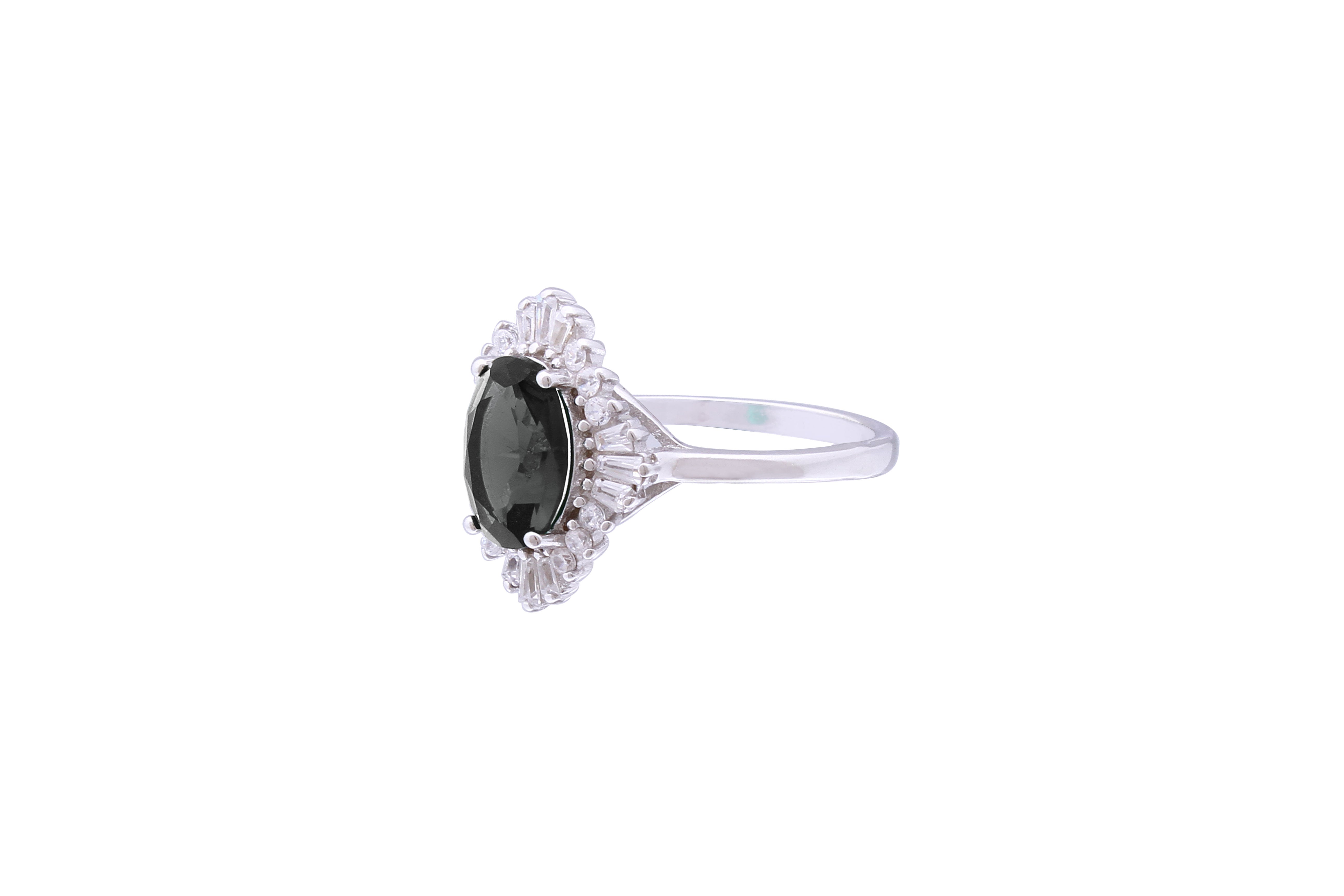 Asfour Crystal Black Oval Ring Inlaid With Zircon Stones In 925 Sterling Silver RD0072-PW-9