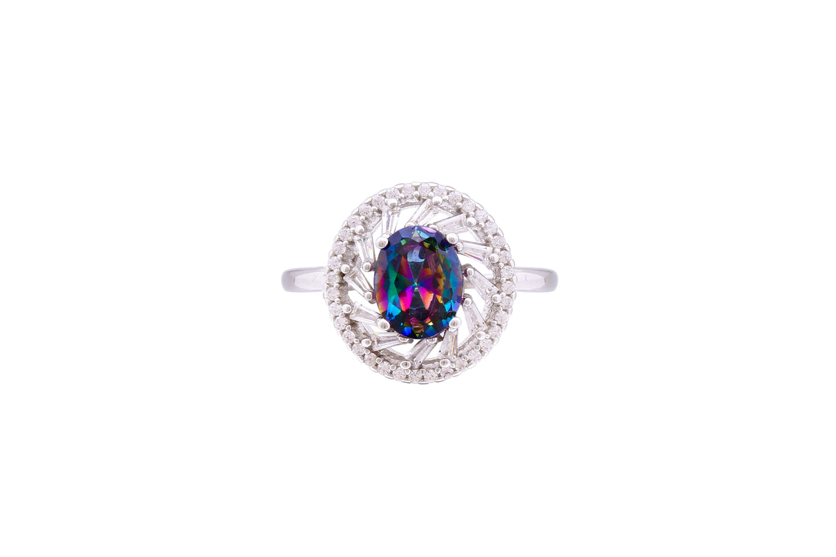 Asfour Crystal Halo Ring With Multi Color Zircon Stone In 925 Sterling Silver RD0073-APW-7