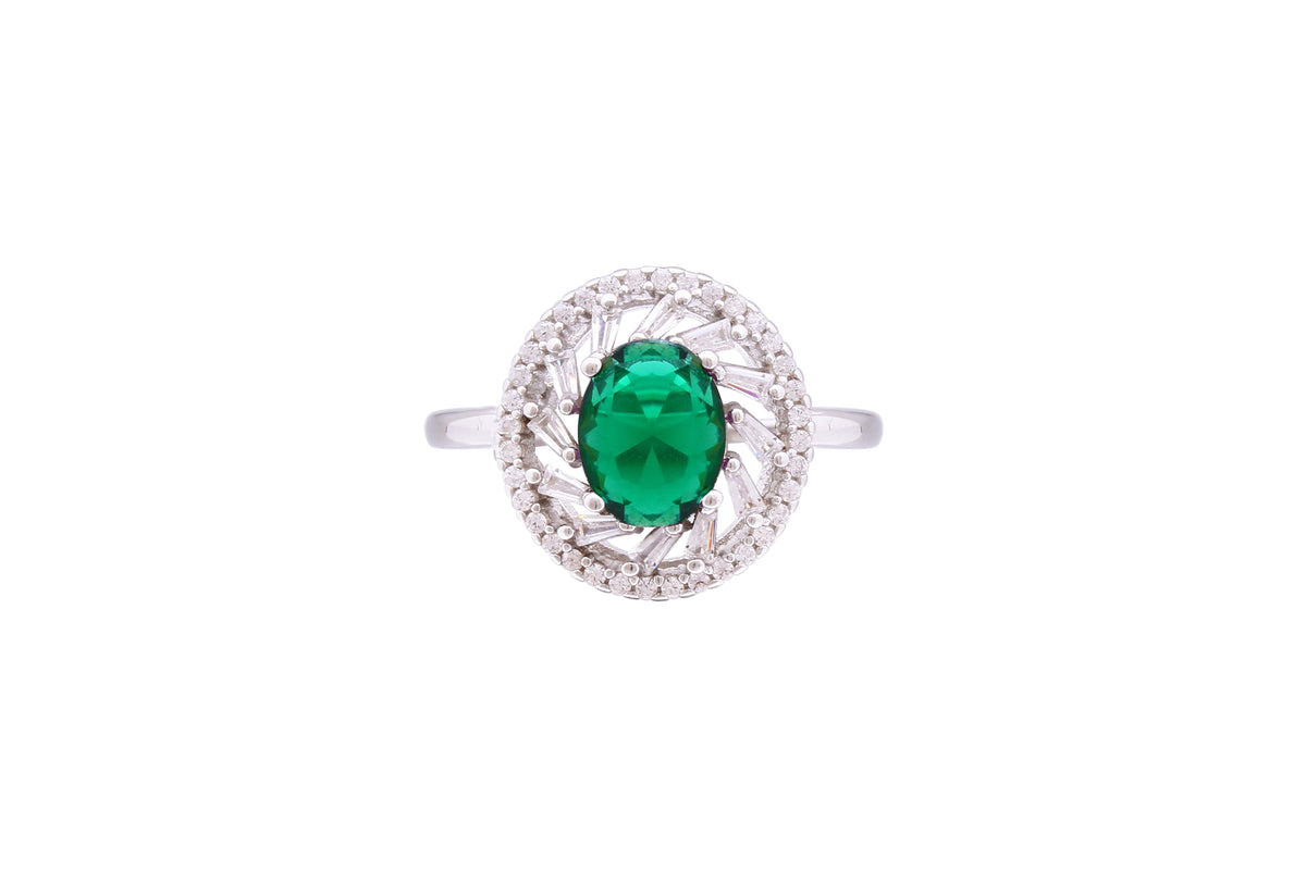 Asfour Crystal Halo Ring With Emerald Zircon Stone In 925 Sterling Silver RD0073-GW-7