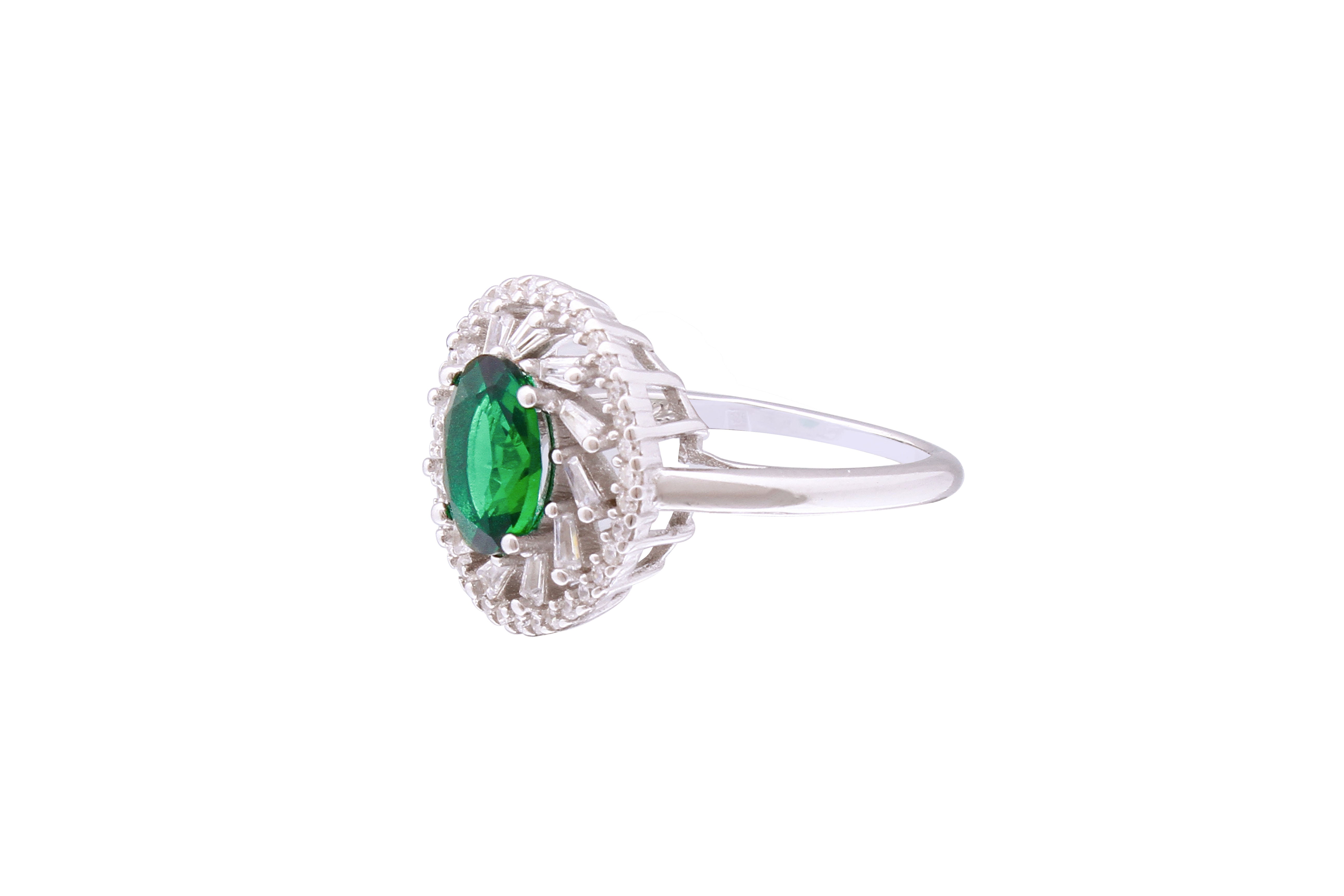 Asfour Crystal Halo Ring With Emerald Zircon Stone In 925 Sterling Silver RD0073-GW-7