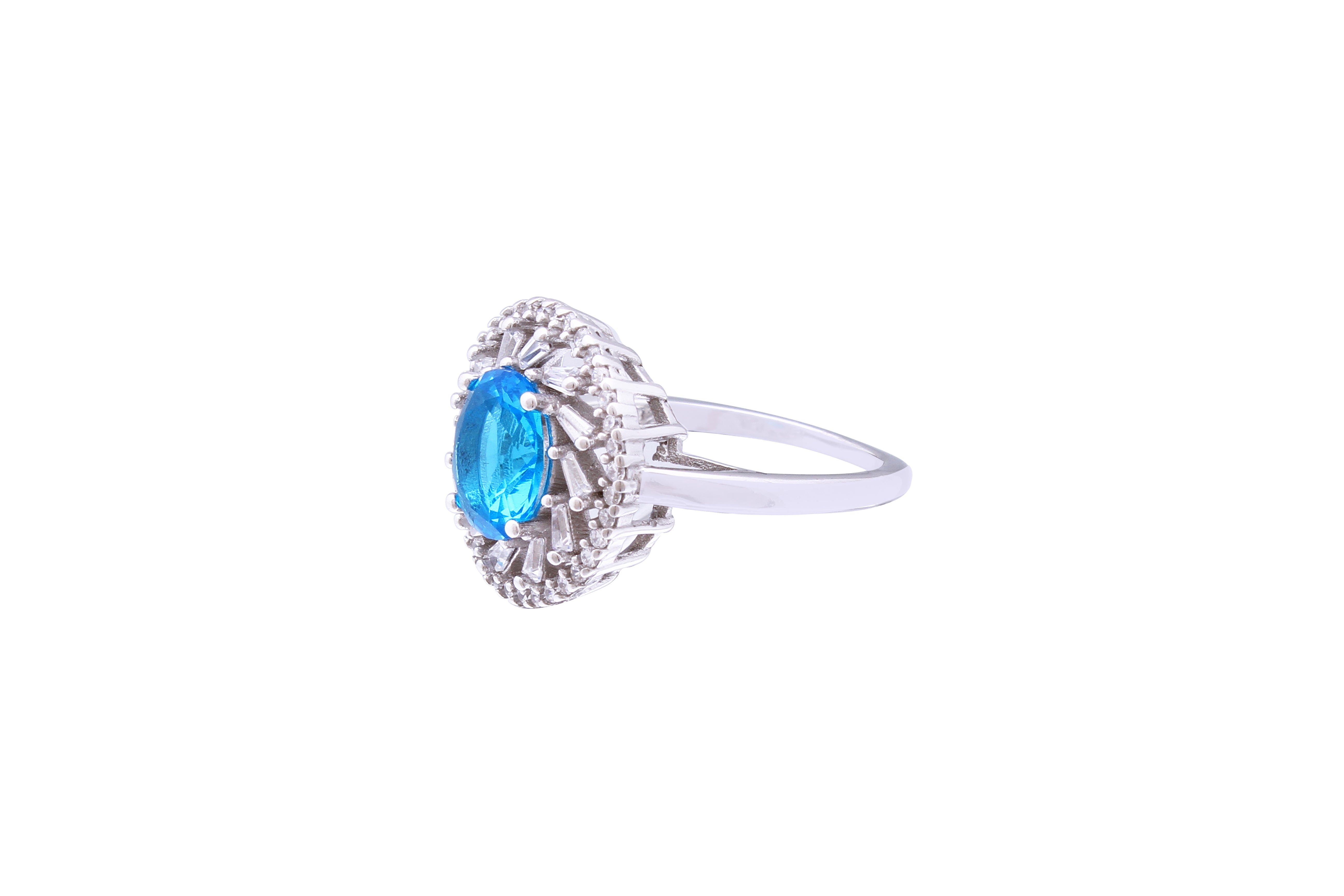 Asfour Crystal Halo Ring With Aquamarine Zircon Stone In 925 Sterling ...