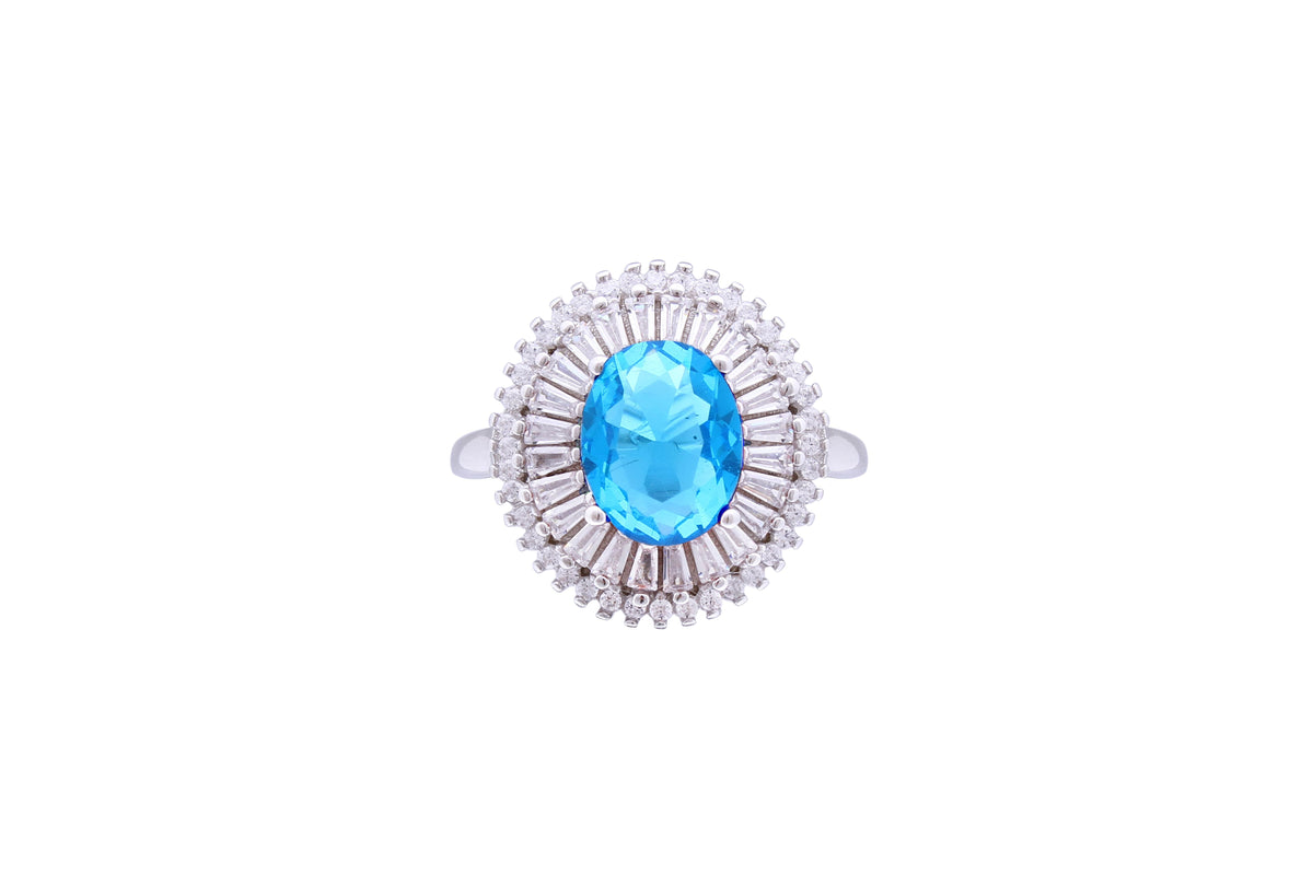 Asfour Crystal Halo Ring With Aquamarine Zircon Stone In 925 Sterling Silver RD0073-MW-8