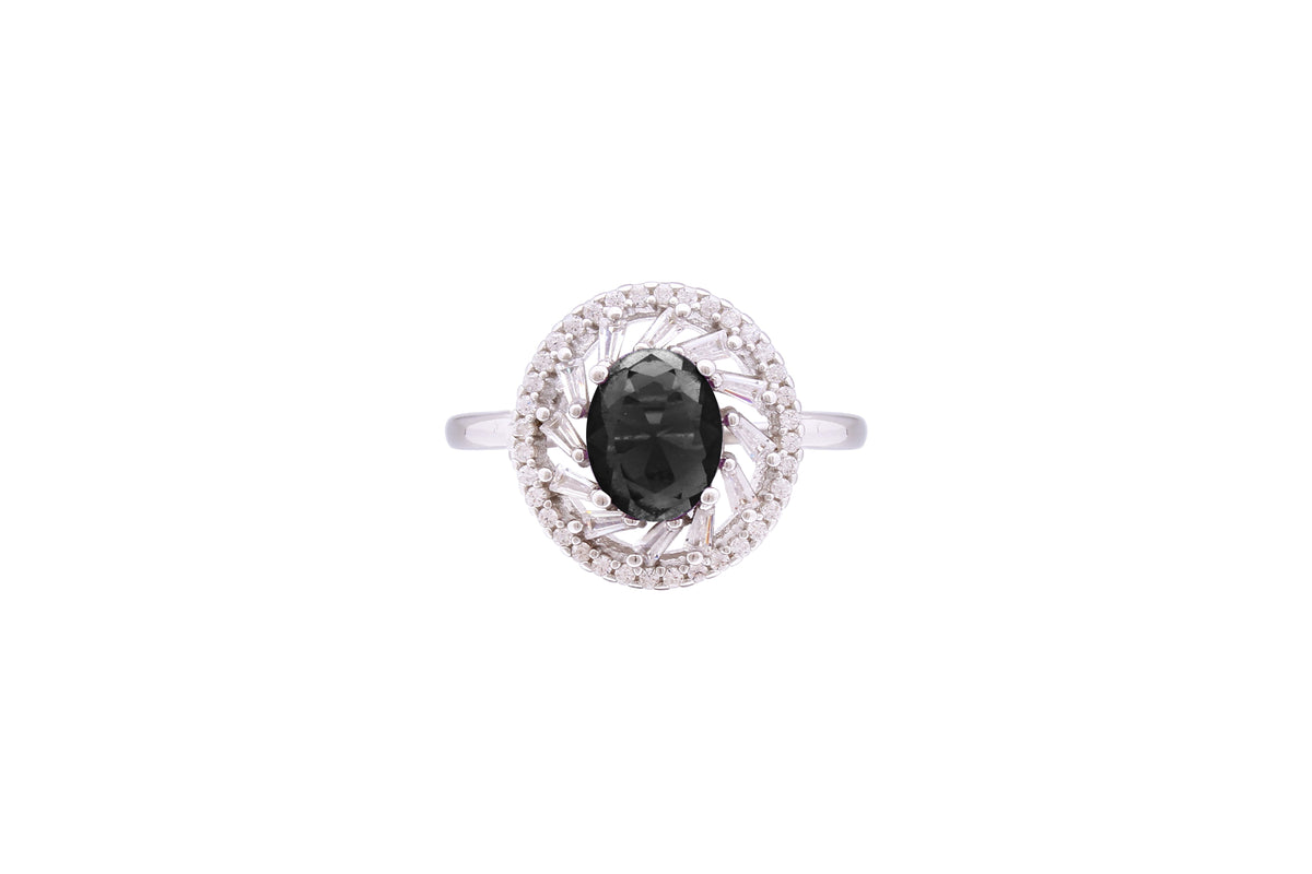 Asfour Crystal Halo Ring With Black Zircon Stone In 925 Sterling Silver RD0073-PW-8