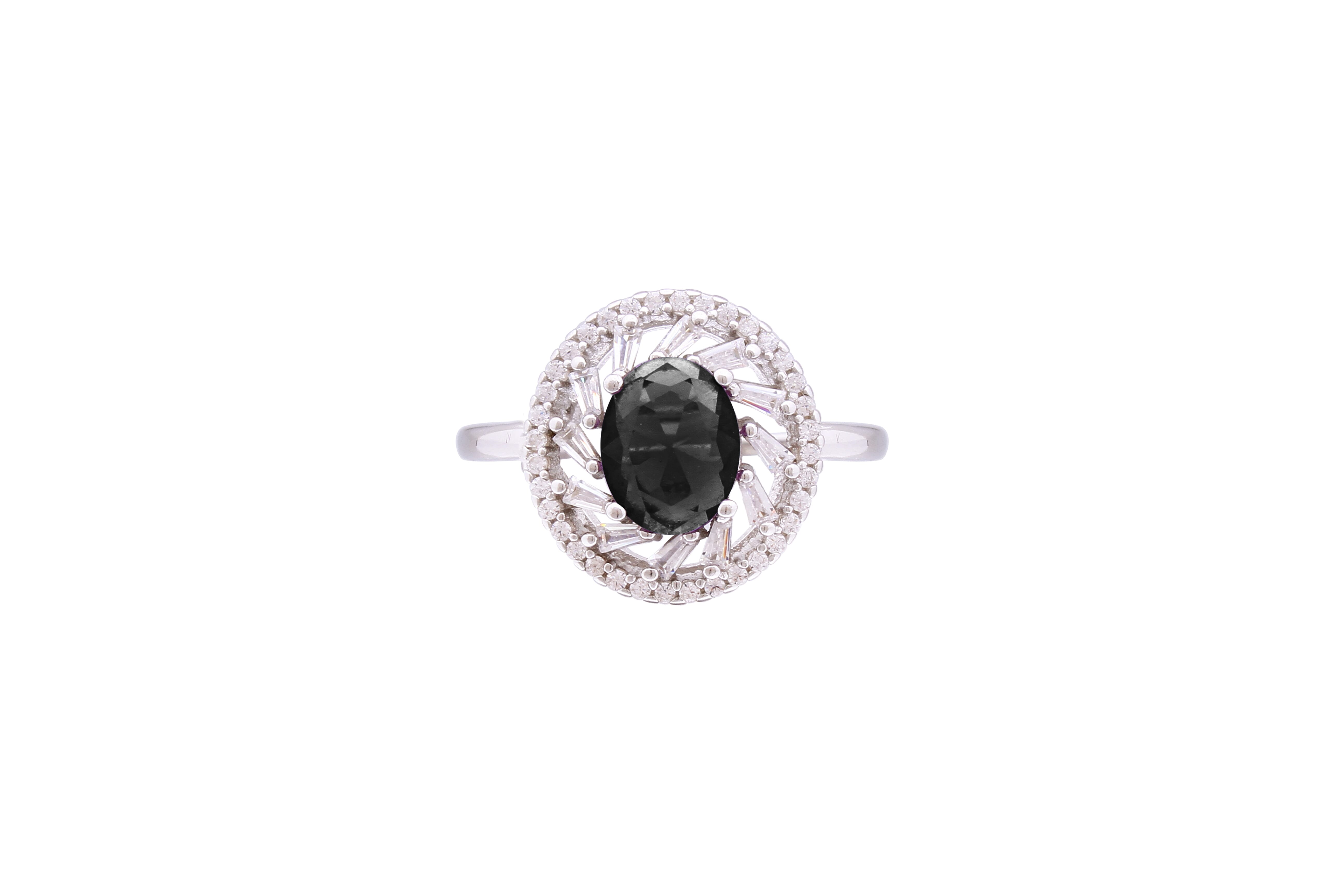 Asfour Crystal Halo Ring With Black Zircon Stone In 925 Sterling Silver RD0073-PW-9