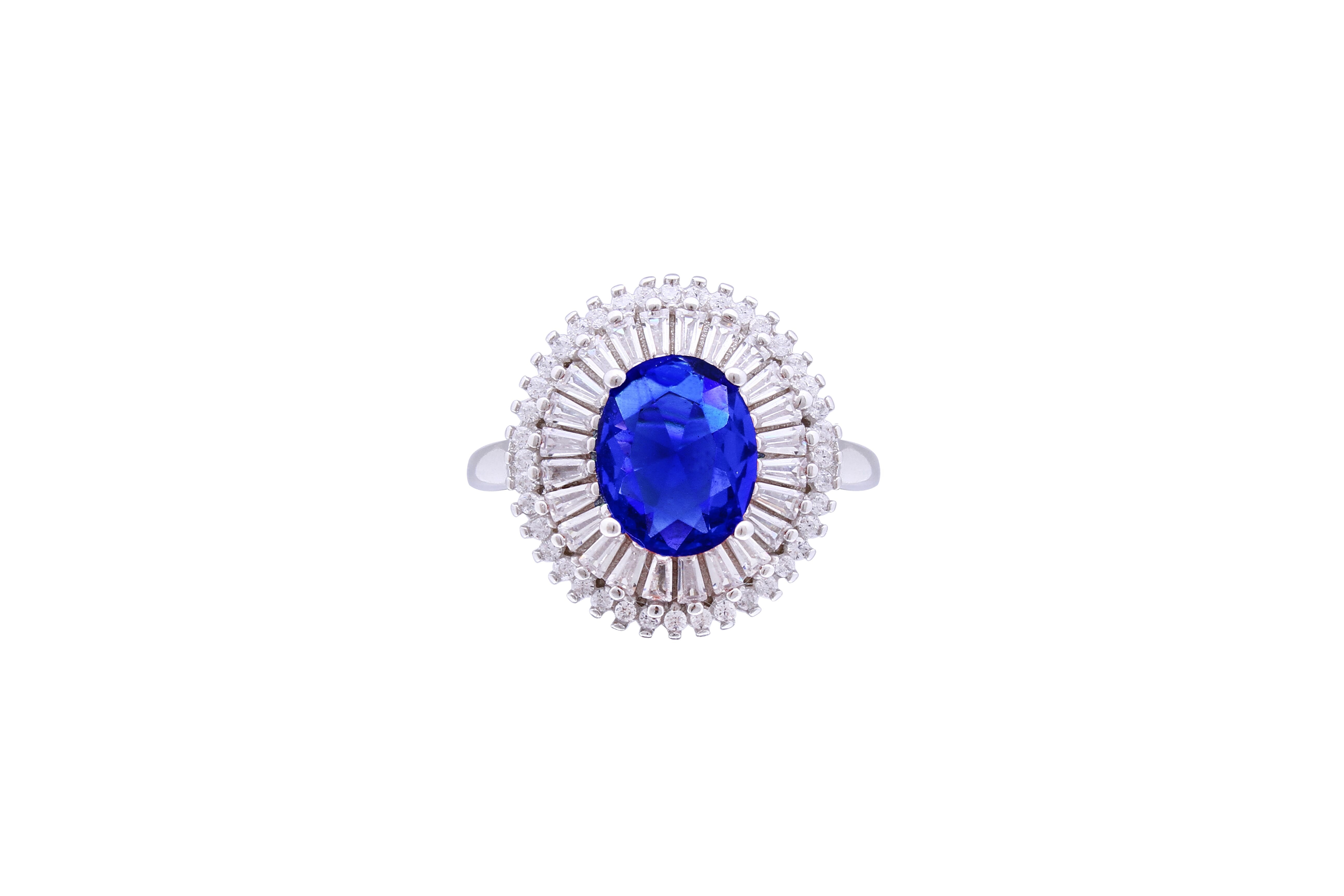 Asfour Crystal Cocktail Ring With Blue Oval Design In 925 Sterling Silver RD0074-BW-7