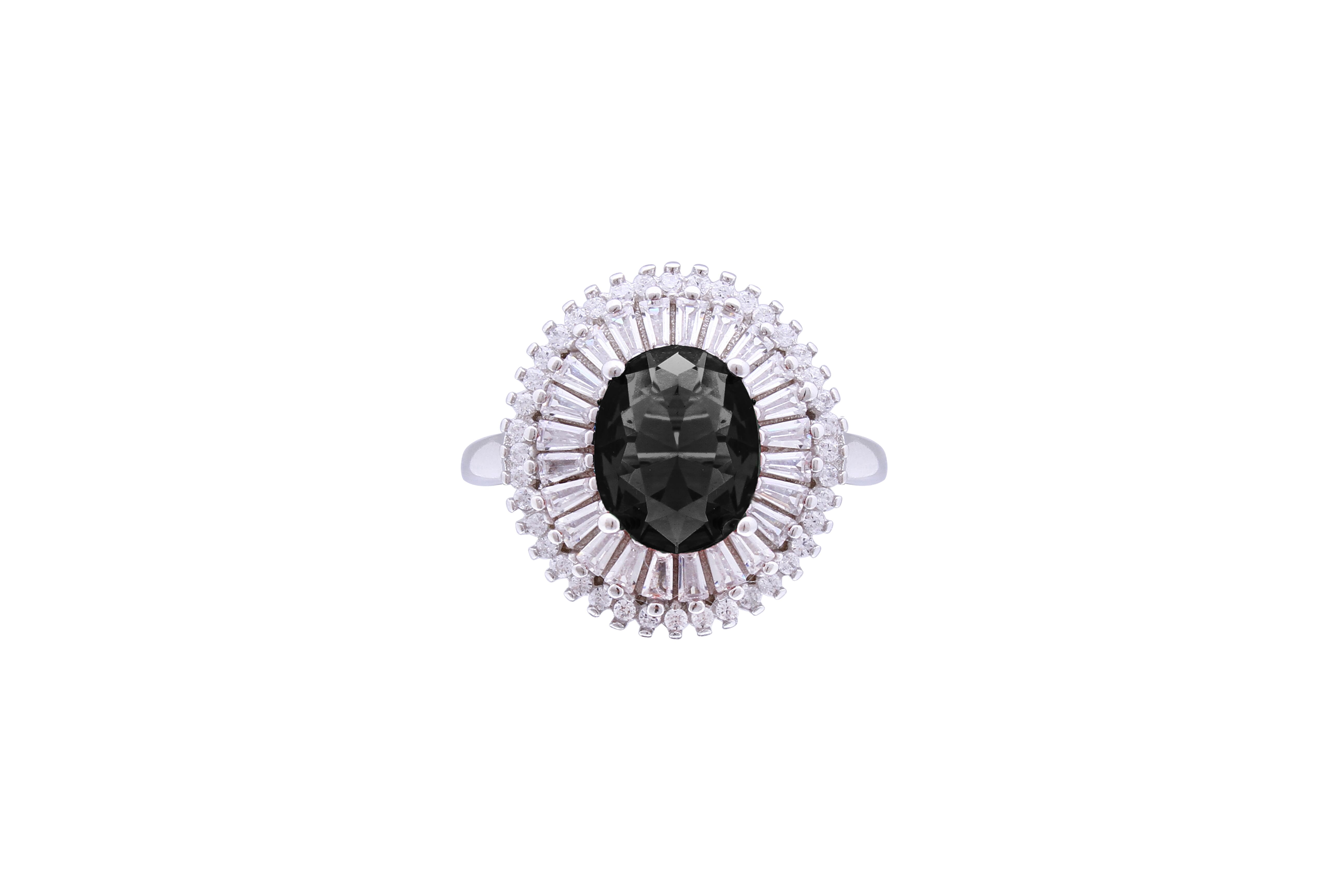 Asfour Crystal Cocktail Ring With Black Oval Stone In 925 Sterling Silver RD0074-PW-7