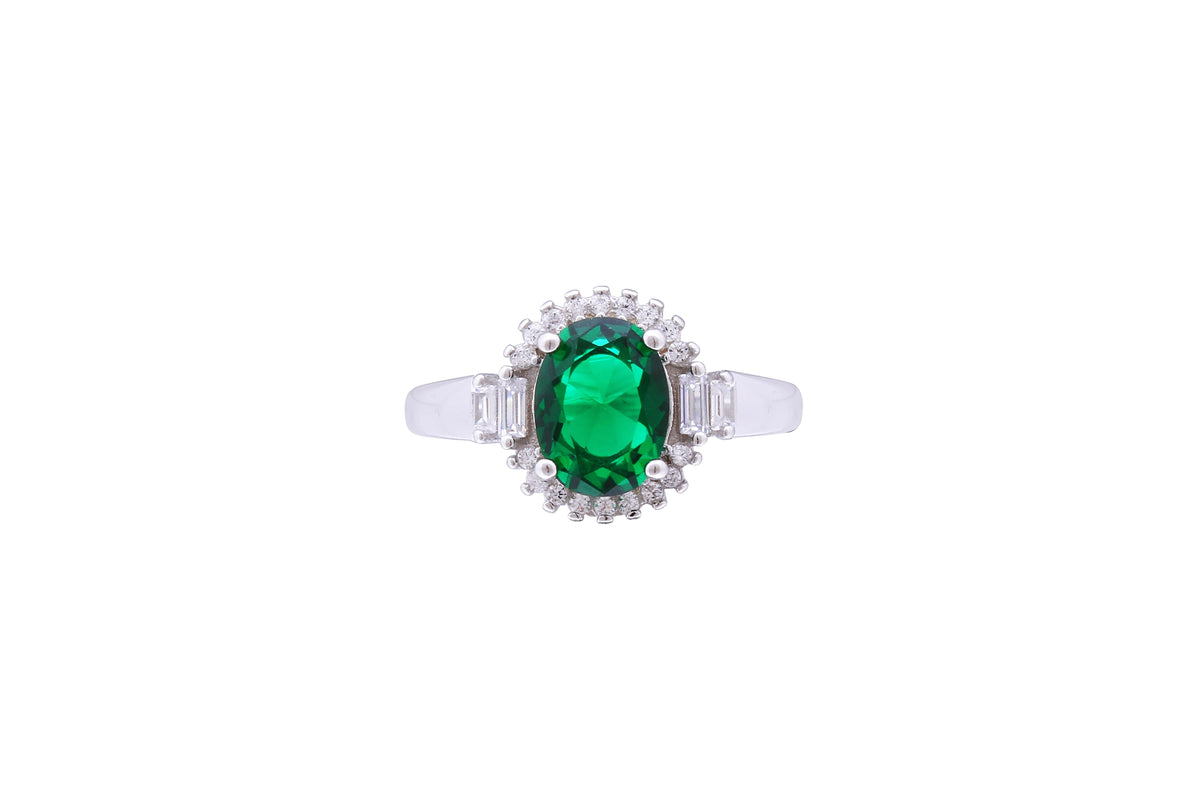 Asfour Crystal Emerald Oval Ring Inlaid With Zircon Stones In 925 Sterling Silver RD0075-G-7