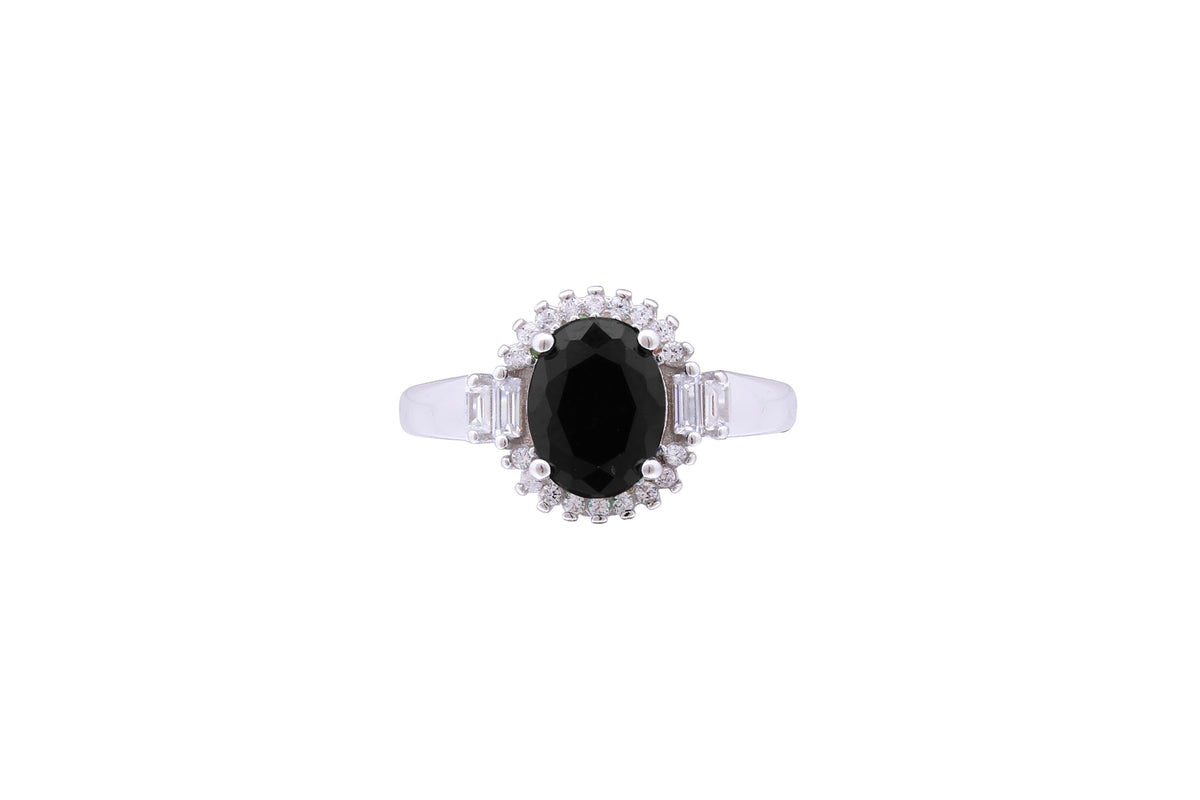 Asfour Crystal Halo Ring With Black Zircon Stone In 925 Sterling Silver RD0075-P-9