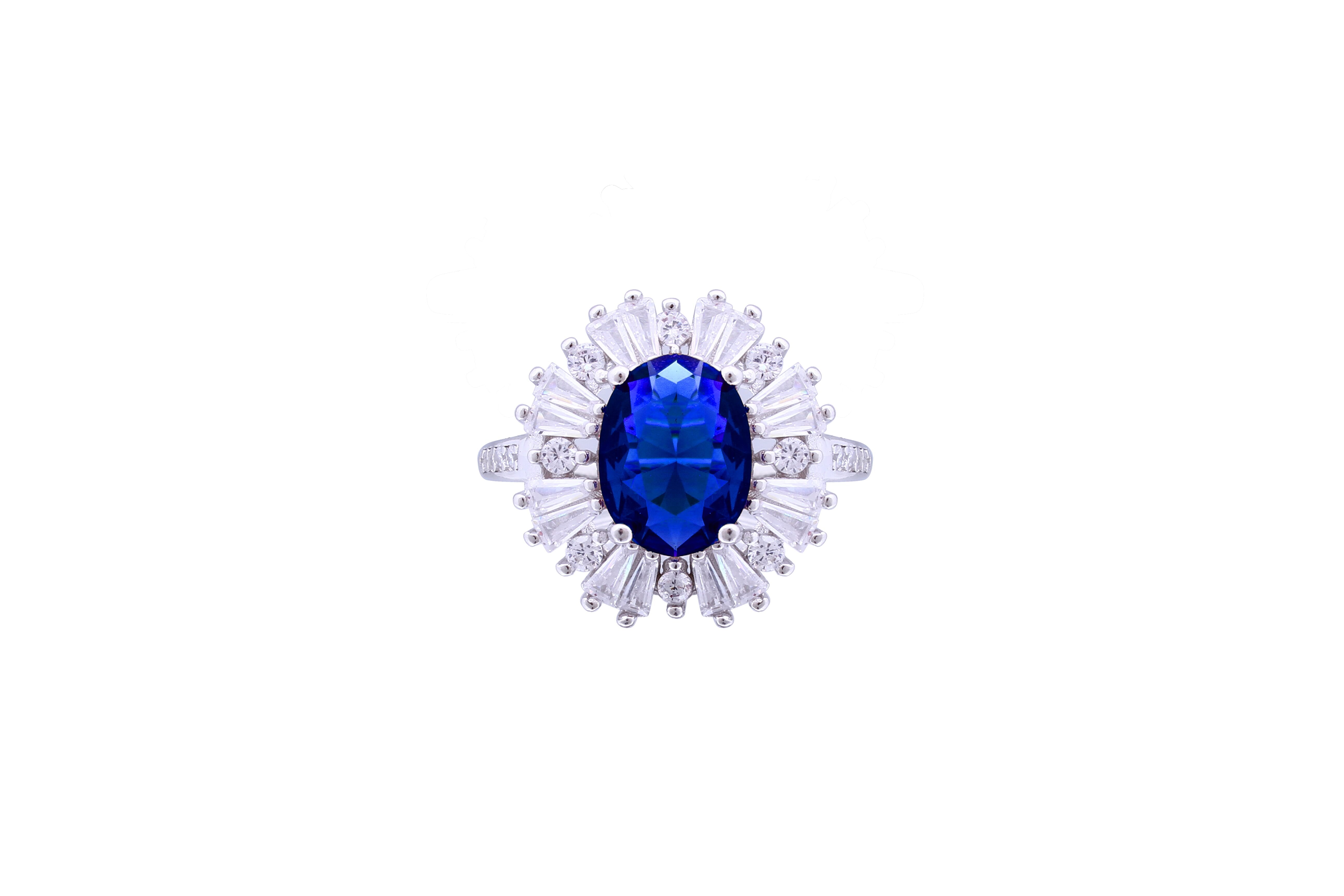 Asfour Crystal Blue Oval Ring Inlaid With Zircon Stone In 925 Sterling Silver RD0076-BW-7