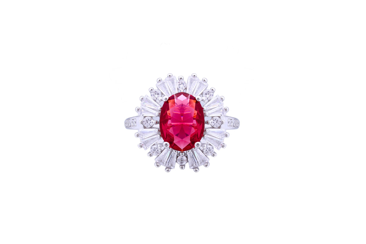 Asfour Crystal Fuchsia Oval Ring Inlaid With Zircon Stone In 925 Sterling Silver RD0076-FW-7