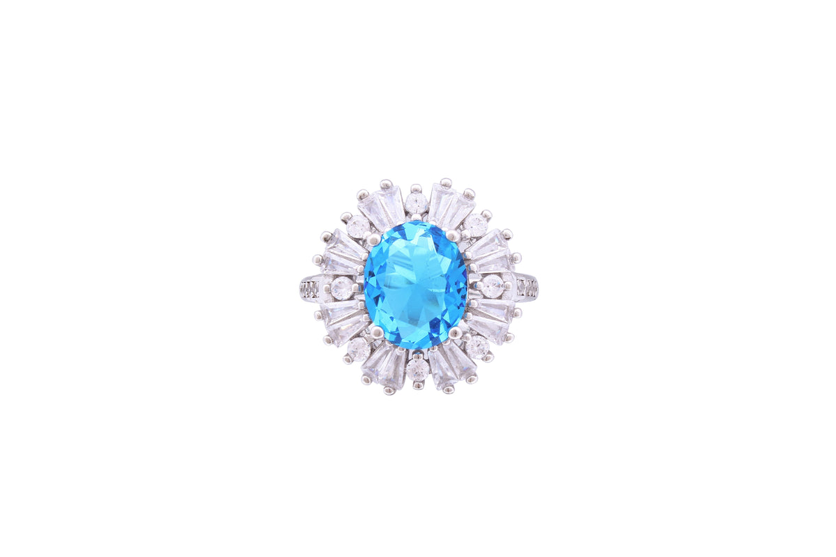 Asfour Crystal Aquamarine Oval Ring Inlaid With Zircon Stone In 925 Sterling Silver RD0076-MW-7