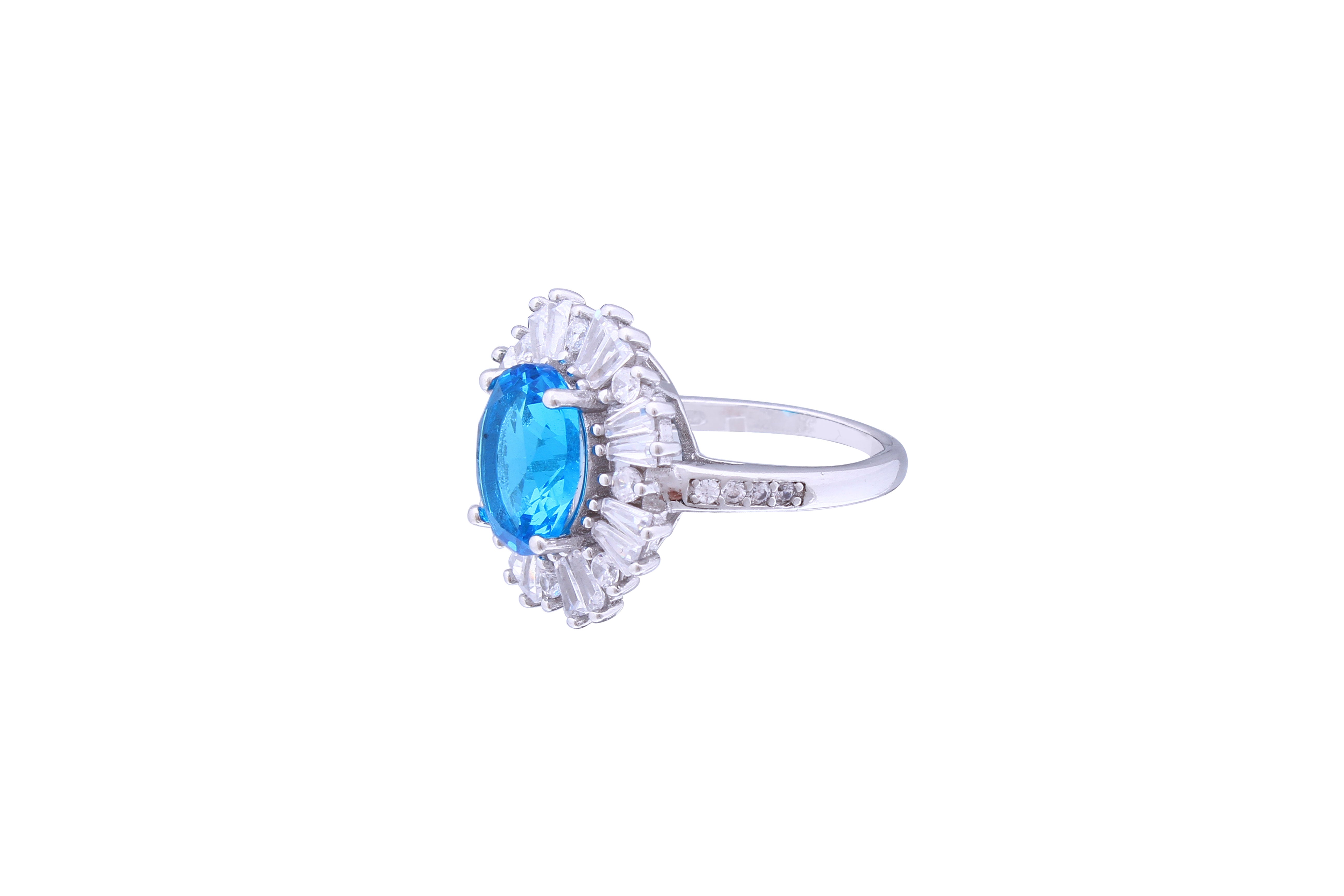 Asfour Crystal Aquamarine Oval Ring Inlaid With Zircon Stone In 925 Sterling Silver RD0076-MW-7