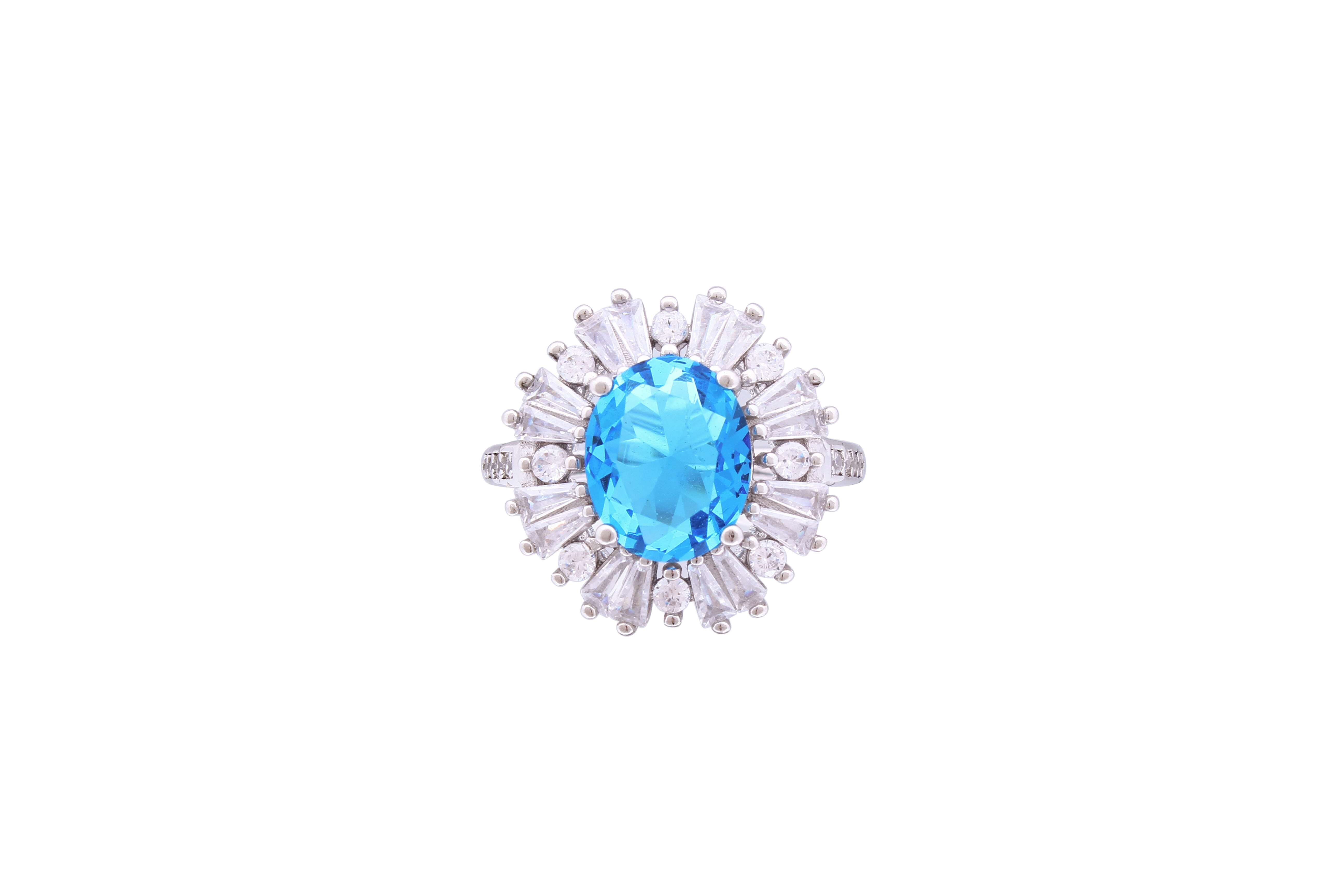 Asfour Crystal Aquamarine Oval Ring Inlaid With Zircon Stone In 925 Sterling Silver RD0076-MW-9