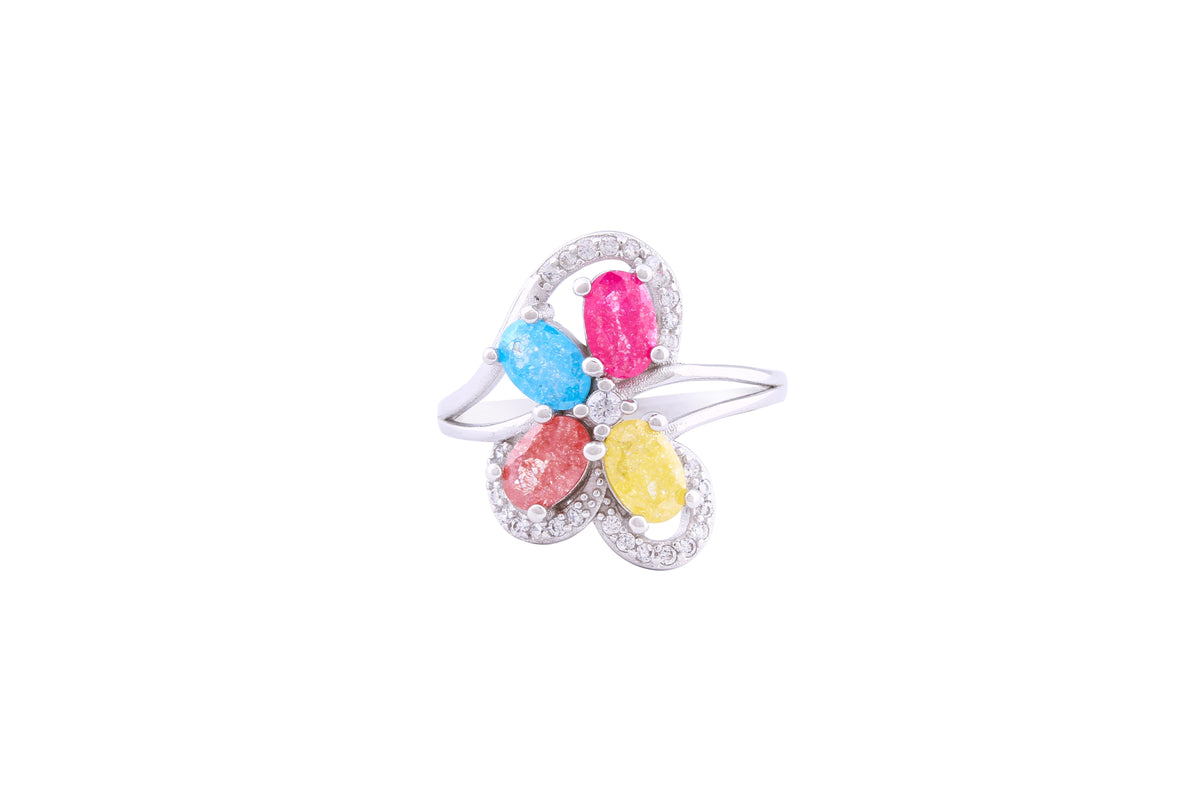 Asfour Crystal Fashion Ring With Multi Color Decorative Flower In 925 Sterling Silver-RD0079-K-A-7