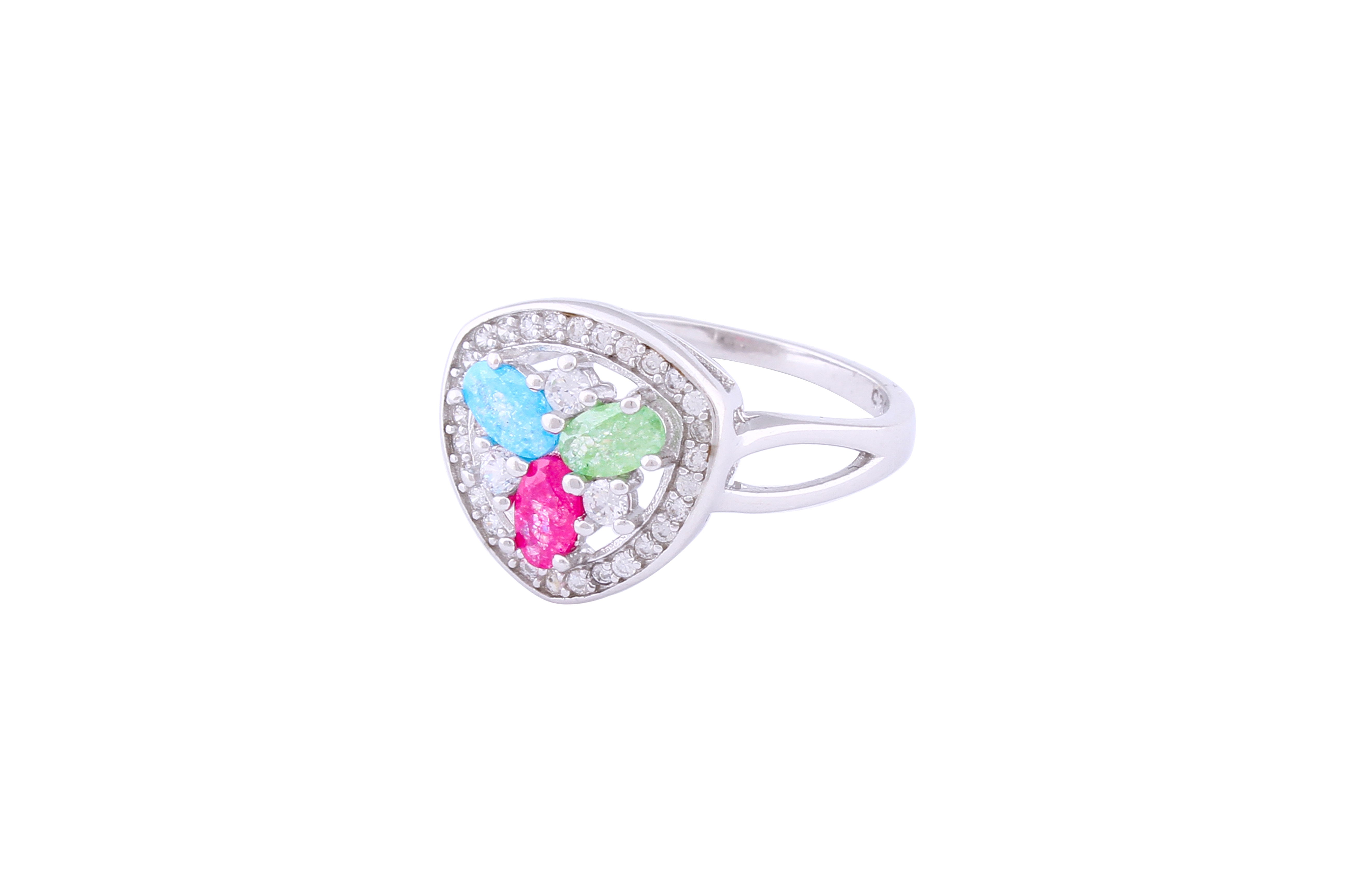 Asfour Crystal Fashion Ring With Multi Color Art Deco Design In 925 Sterling Silver-RD0080-K-A-7