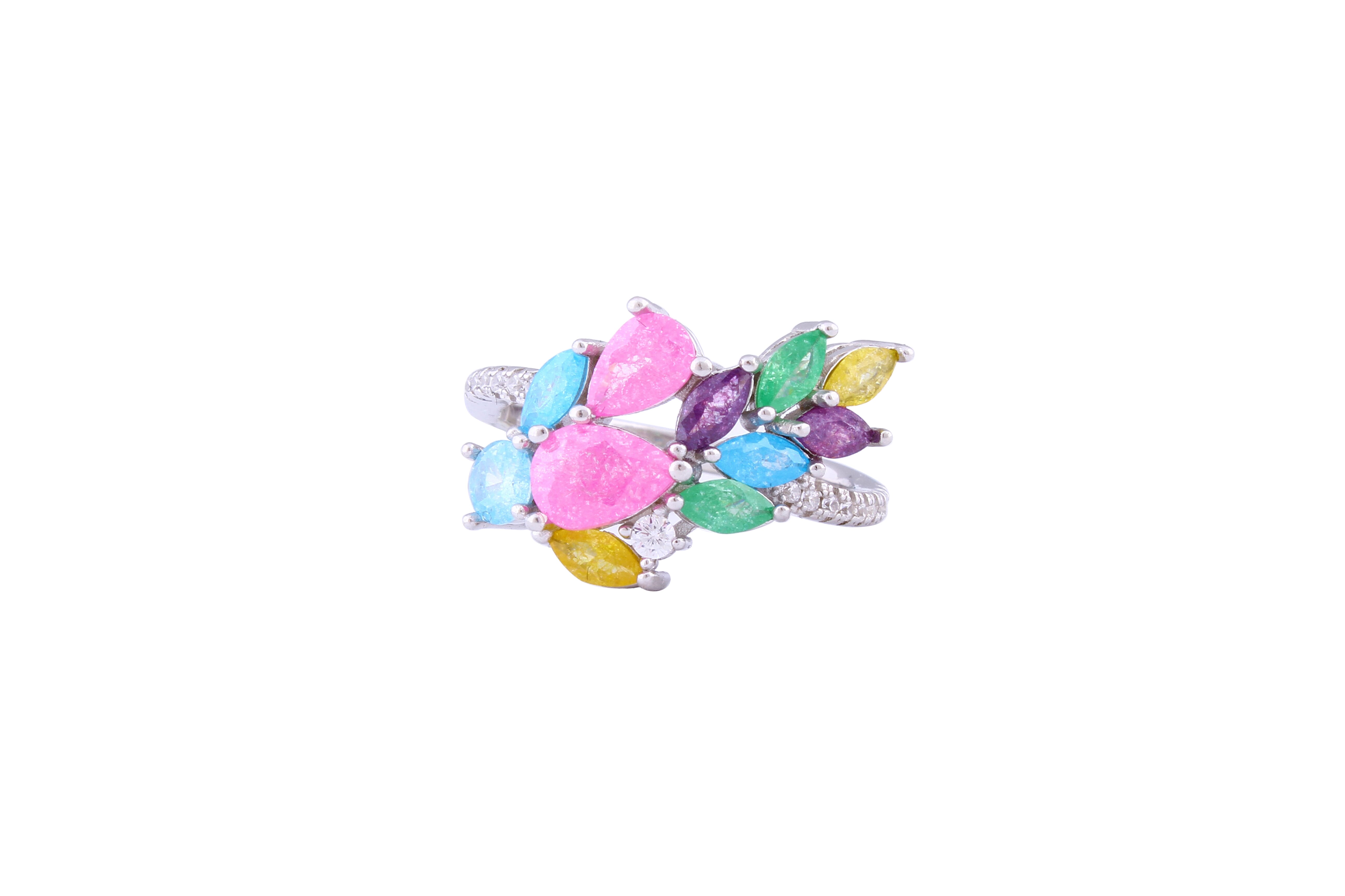 Asfour Crystal Fashion Ring With Multi Color Opal Stones In 925 Sterling Silver-RD0081-K-A-9