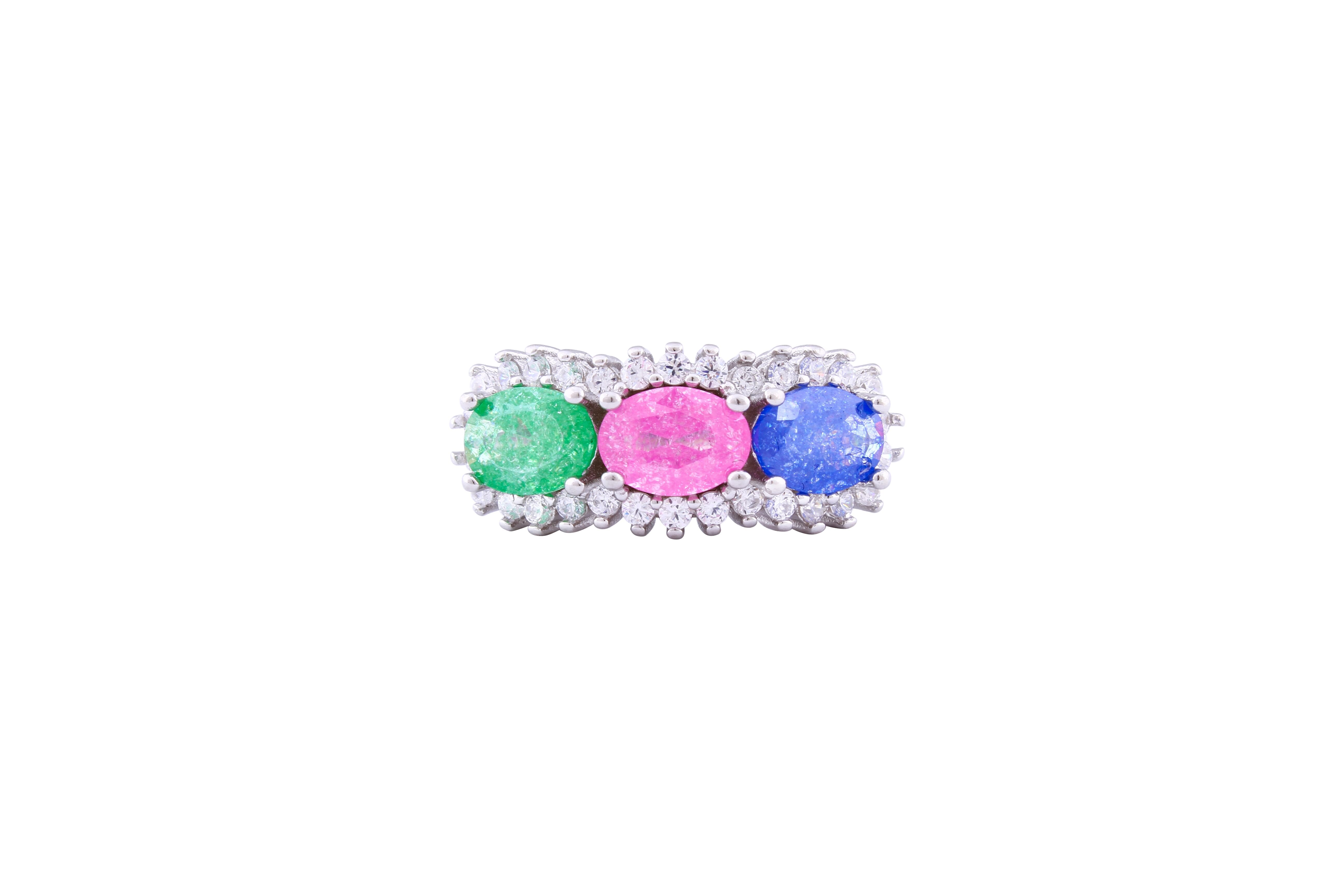 Asfour Crystal Fashion Ring With Multi Color Oval Stones In 925 Sterling Silver-RD0083-K-A-9