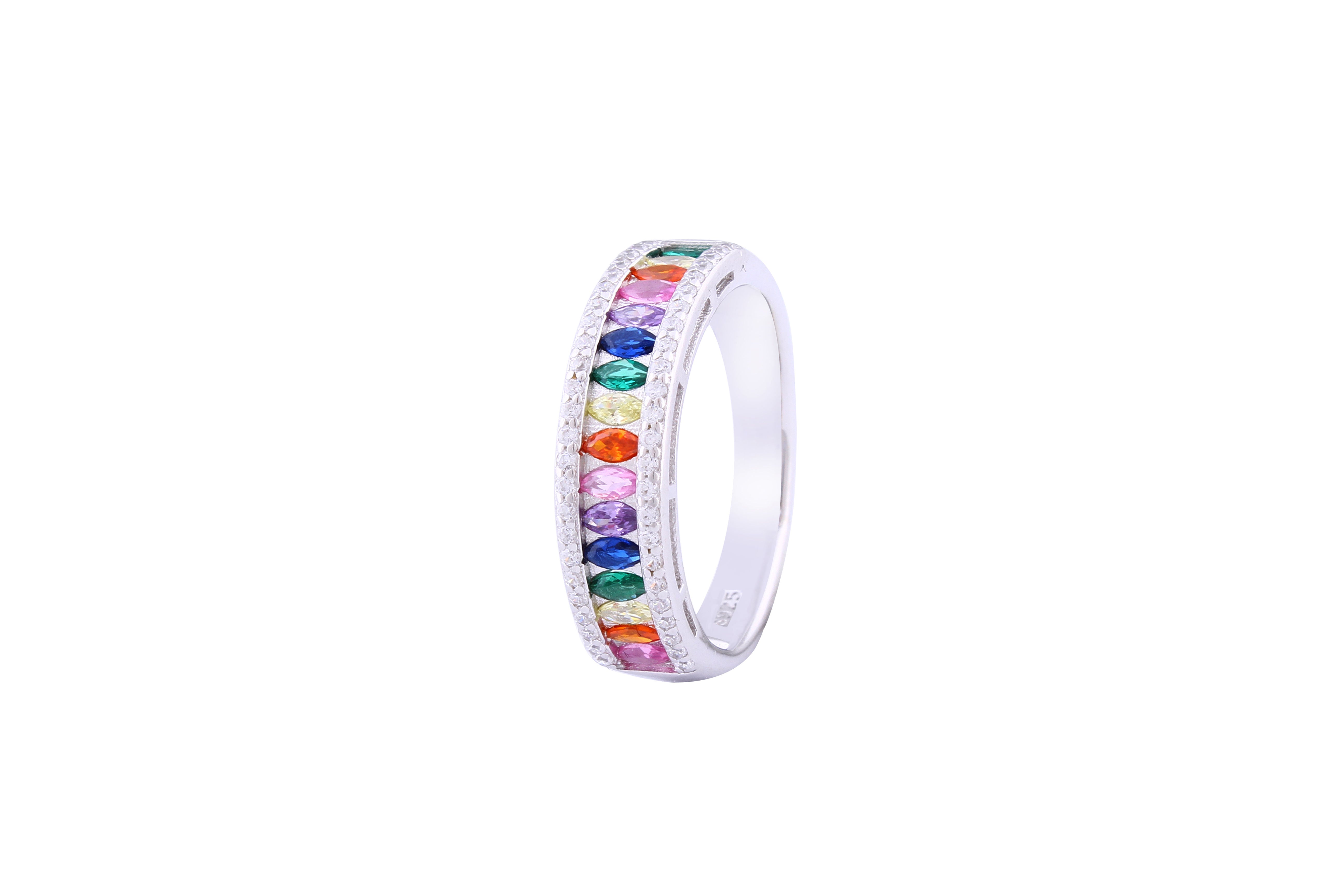 Asfour Crystal Band Ring Inlaid With Multi color Zircon Stones In 925 Sterling Silver-RD0085-K-9