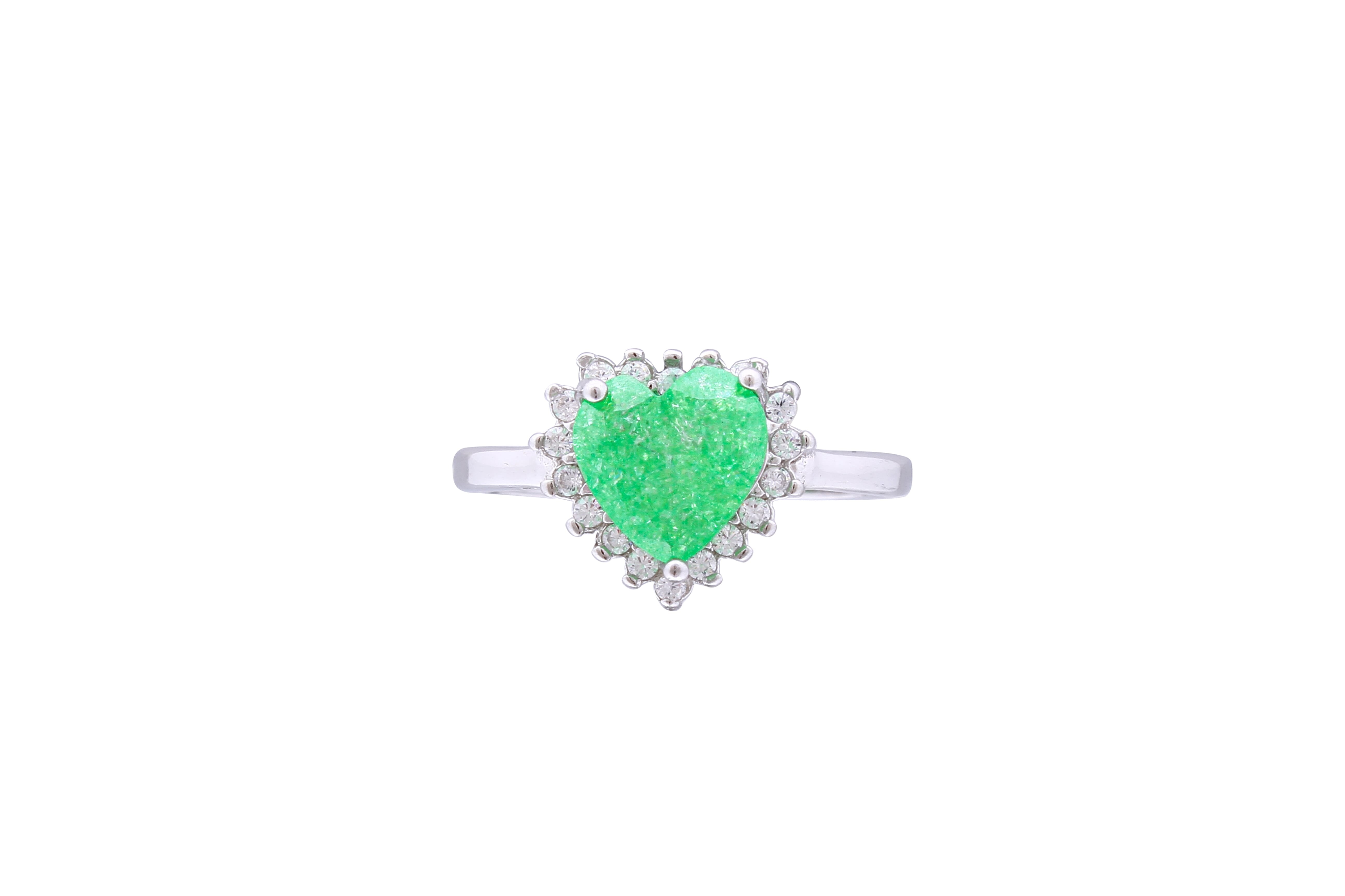 Asfour Crystal Drew Ring With Emerald Heart Design In 925 Sterling Silver-RD0091-G-A-9