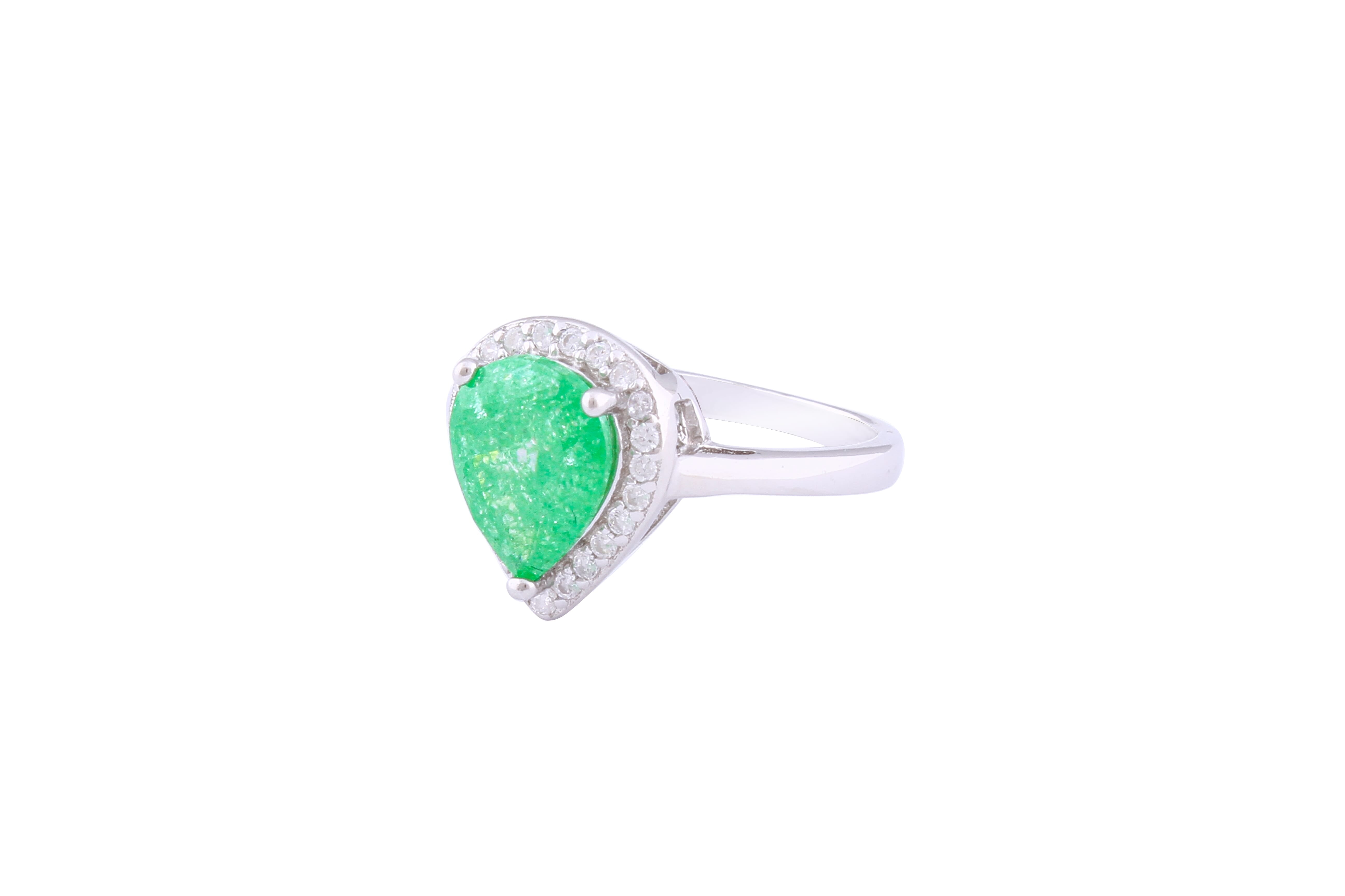 Asfour Crystal Halo Ring With Emerald Pear Design In 925 Sterling silv ...