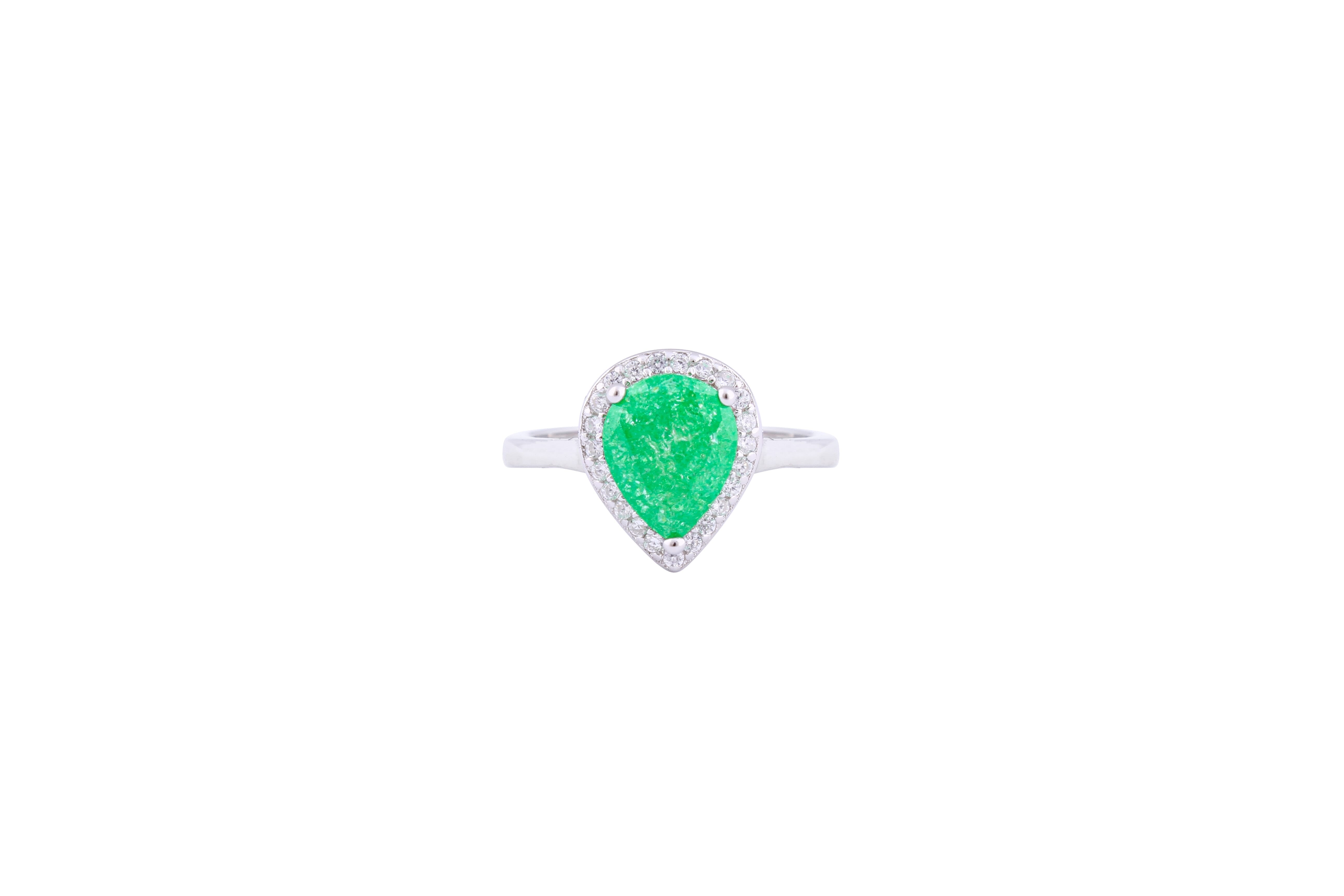 Asfour Crystal Halo Ring With Emerald Pear Design In 925 Sterling silver-RD0093-G-A-8