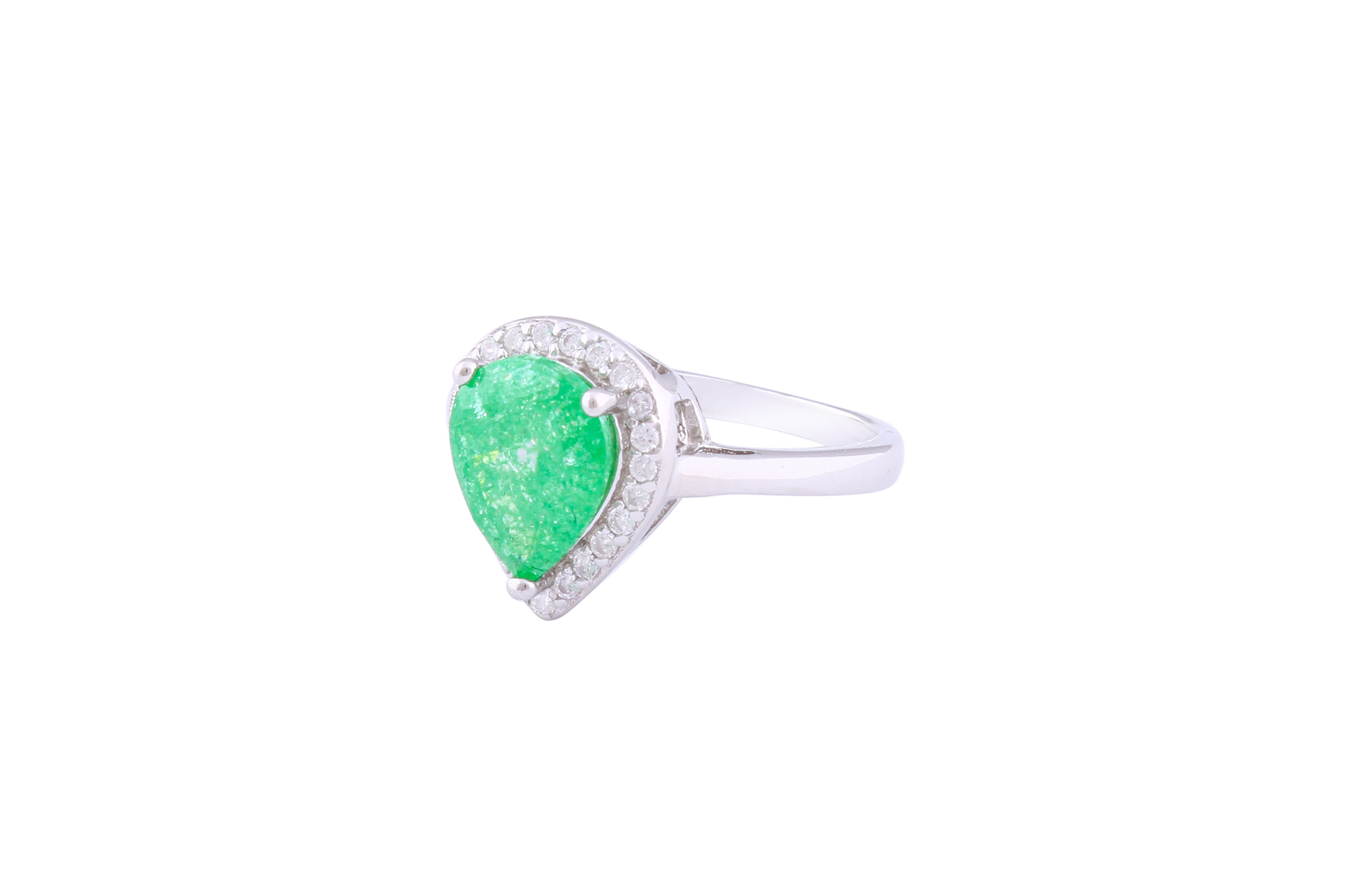 Asfour Crystal Halo Ring With Emerald Pear Design In 925 Sterling silver-RD0093-G-A-8