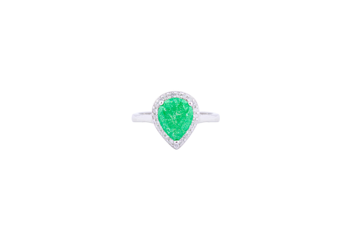 Asfour Crystal Halo Ring With Emerald Pear Design In 925 Sterling silver-RD0093-G-A-9