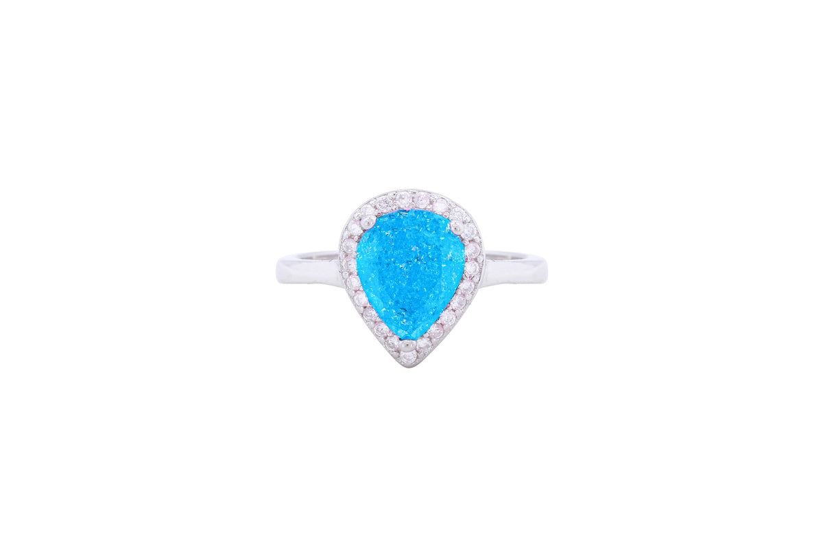 Asfour Crystal Halo Ring With Aquamarine Pear Design In 925 Sterling silver-RD0093-M-A-8