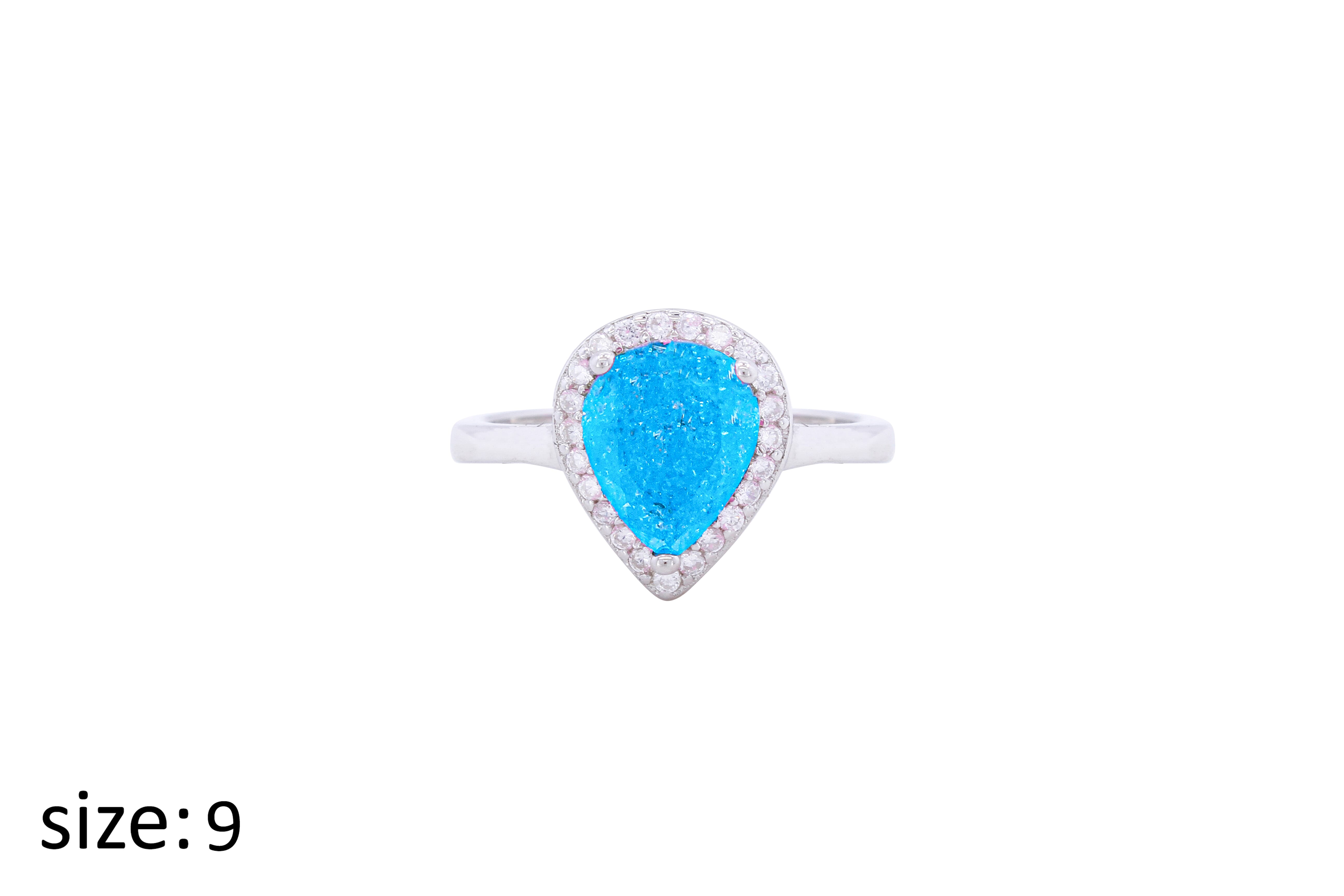 Asfour Crystal Halo Ring With Aquamarine Pear Design In 925 Sterling silver-RD0093-M-A-9