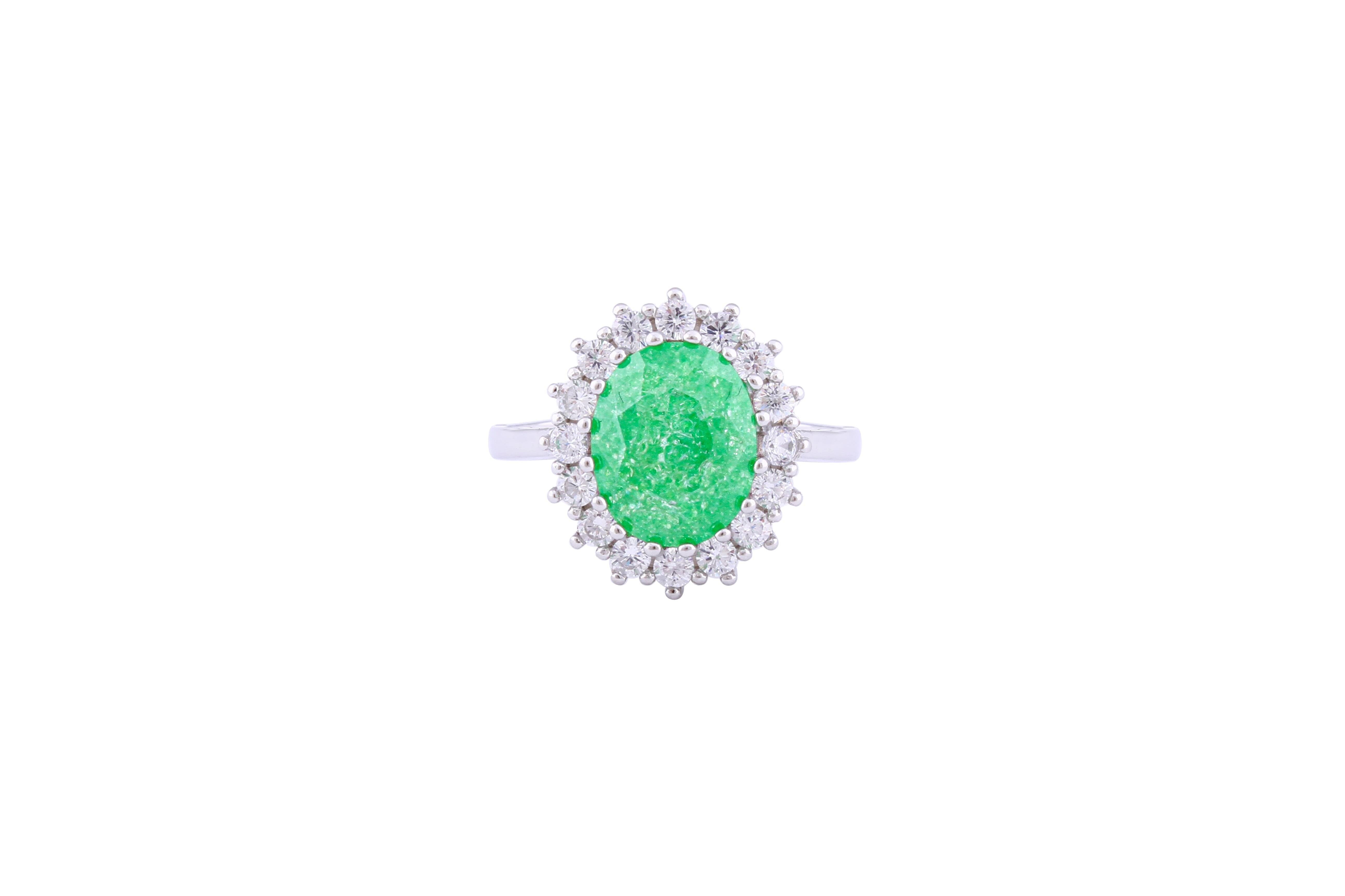 Asfour Crystal Halo Ring With Emerald Opal Stone In 925 Sterling Silver-RD0094-G-A-8