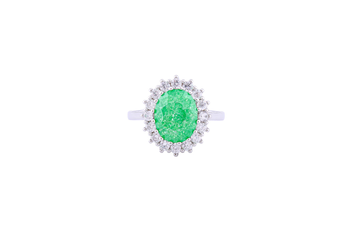 Asfour Crystal Halo Ring With Emerald Opal Stone In 925 Sterling Silver-RD0094-G-A-8