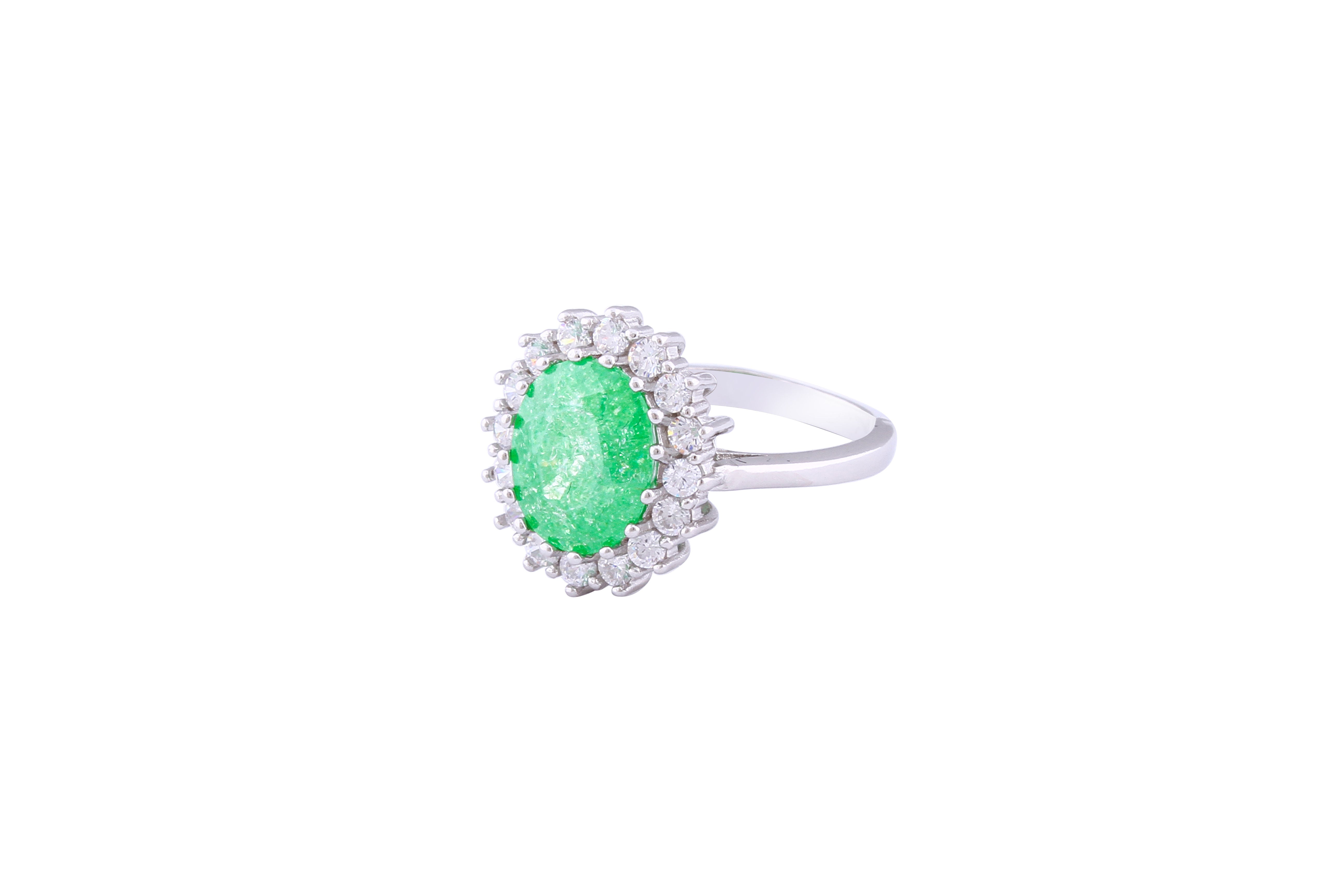 Asfour Crystal Halo Ring With Emerald Opal Stone In 925 Sterling Silver-RD0094-G-A-8