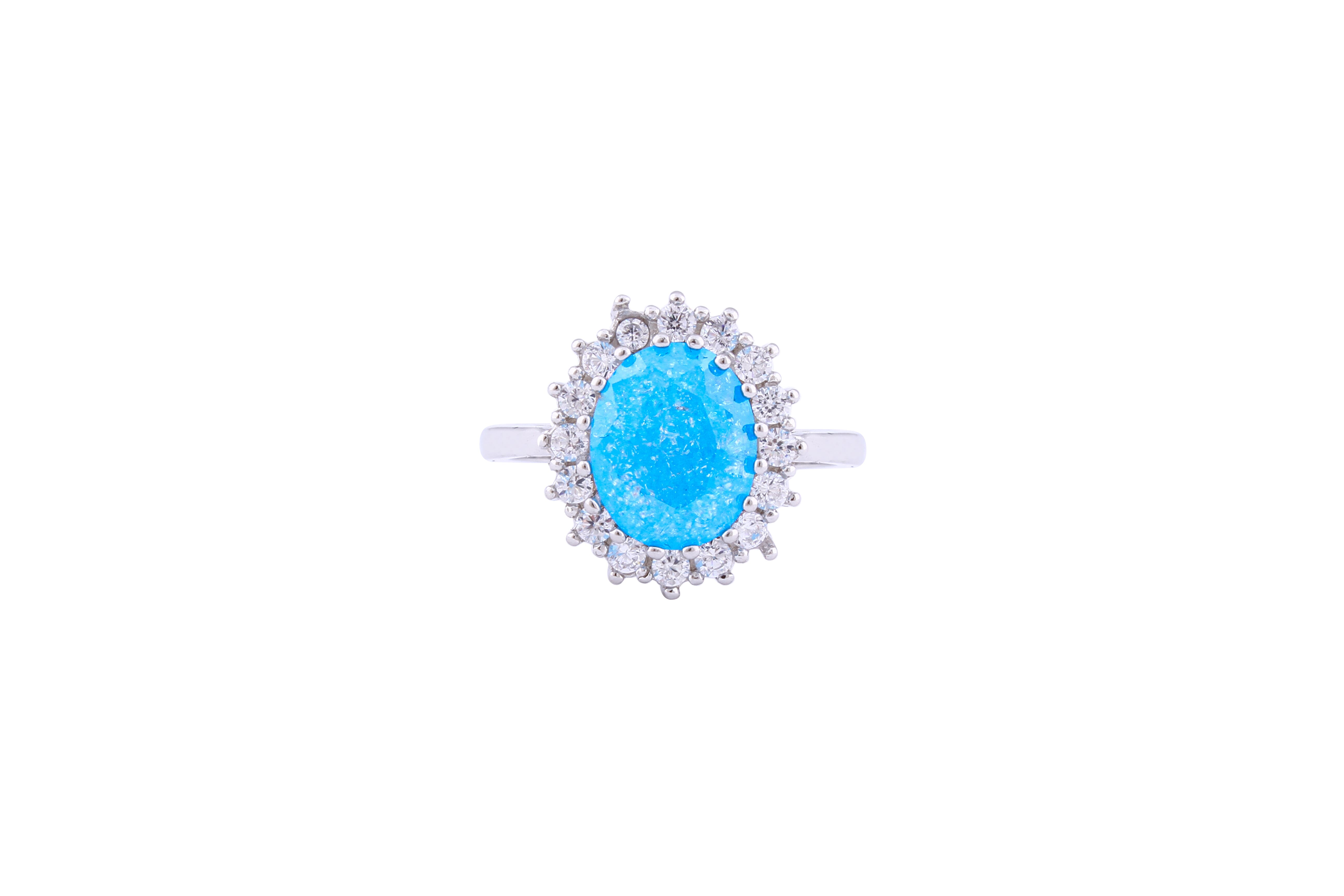 Asfour Crystal Halo Ring With Aquamarine Opal Stone In 925 Sterling Si ...