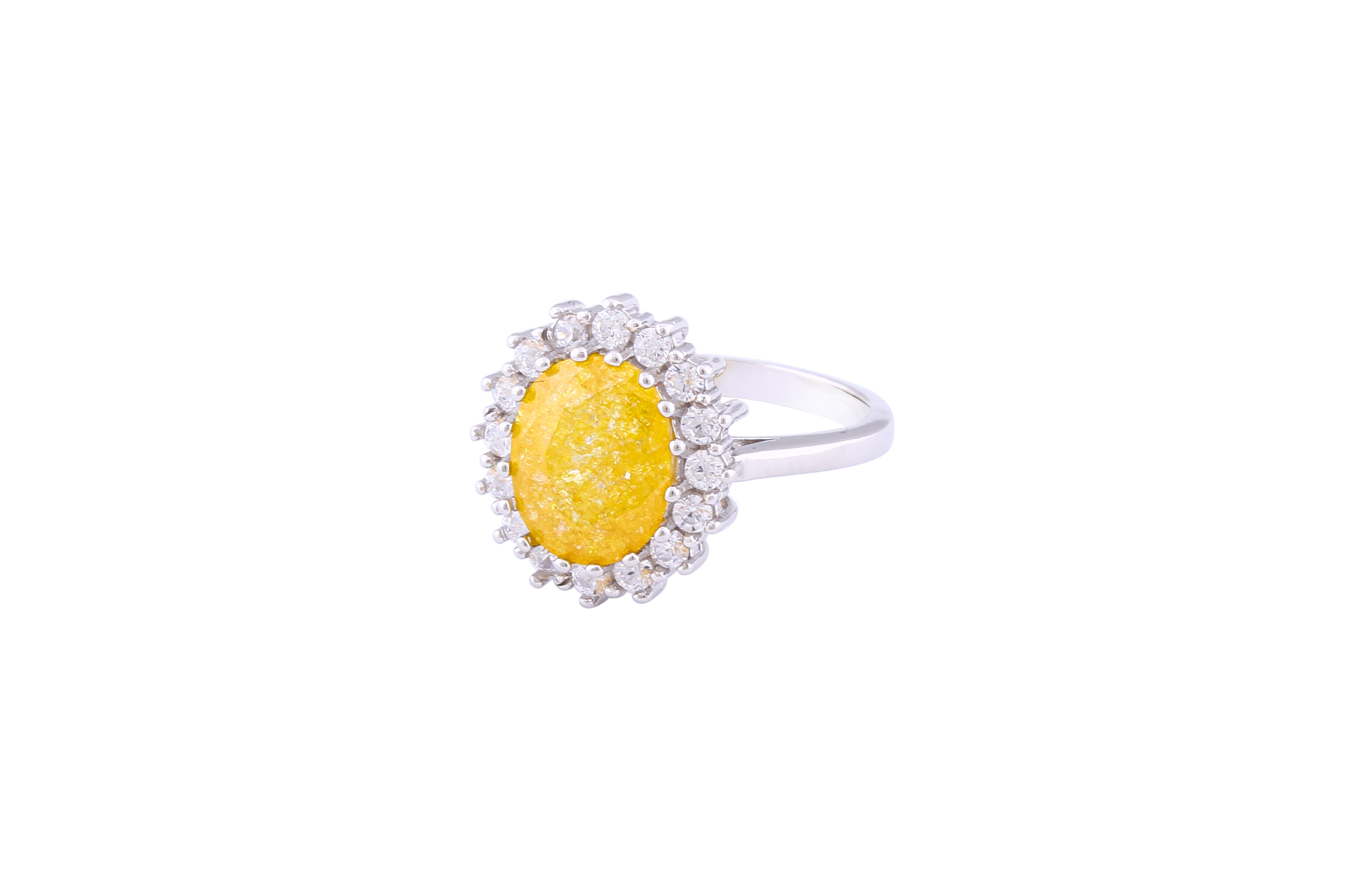 Asfour Crystal Halo Ring With Yellow Opal Stone In 925 Sterling Silver-RD0094-Y-A-9