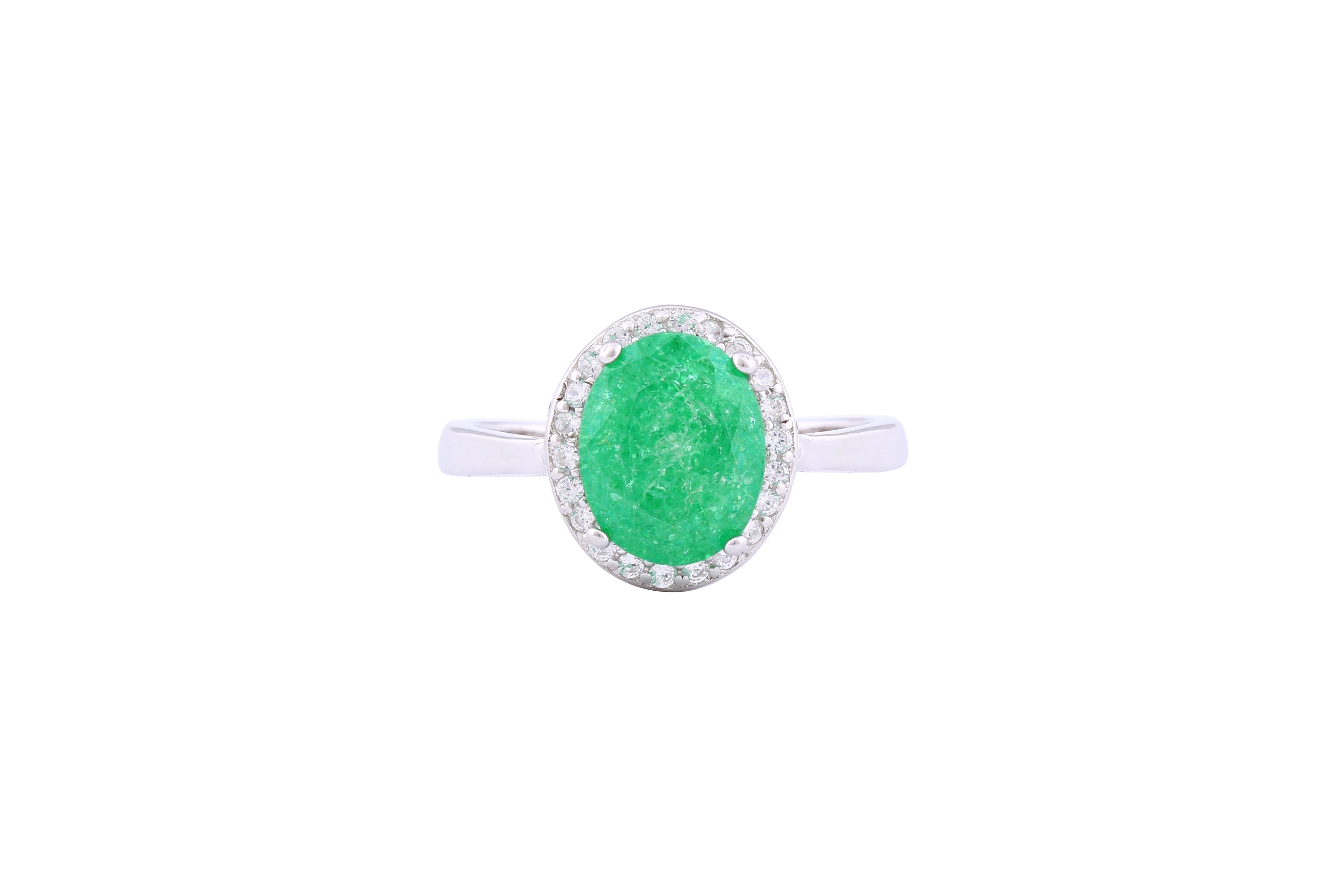 Asfour Crystal Halo Ring With Emerald Oval Stone In 925 Sterling Silve ...