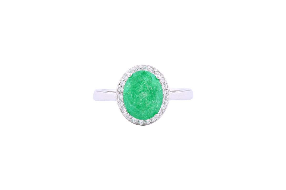 Asfour Crystal Halo Ring With Emerald Oval Stone In 925 Sterling Silver-RD0095-G-A-9