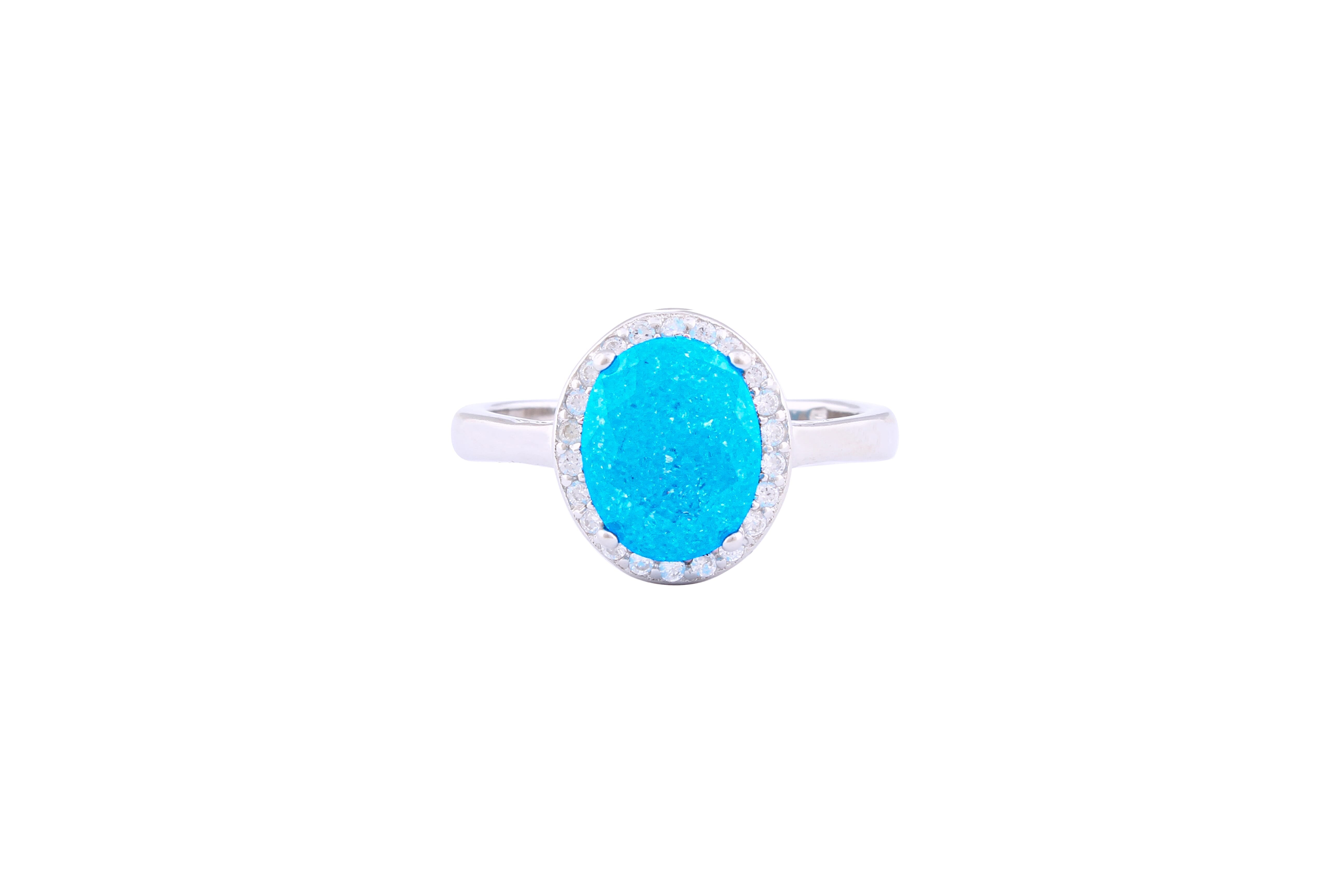 Asfour Crystal Halo Ring With Aquamarine Oval Design In 925 Sterling Silver-RD0095-M-A-8