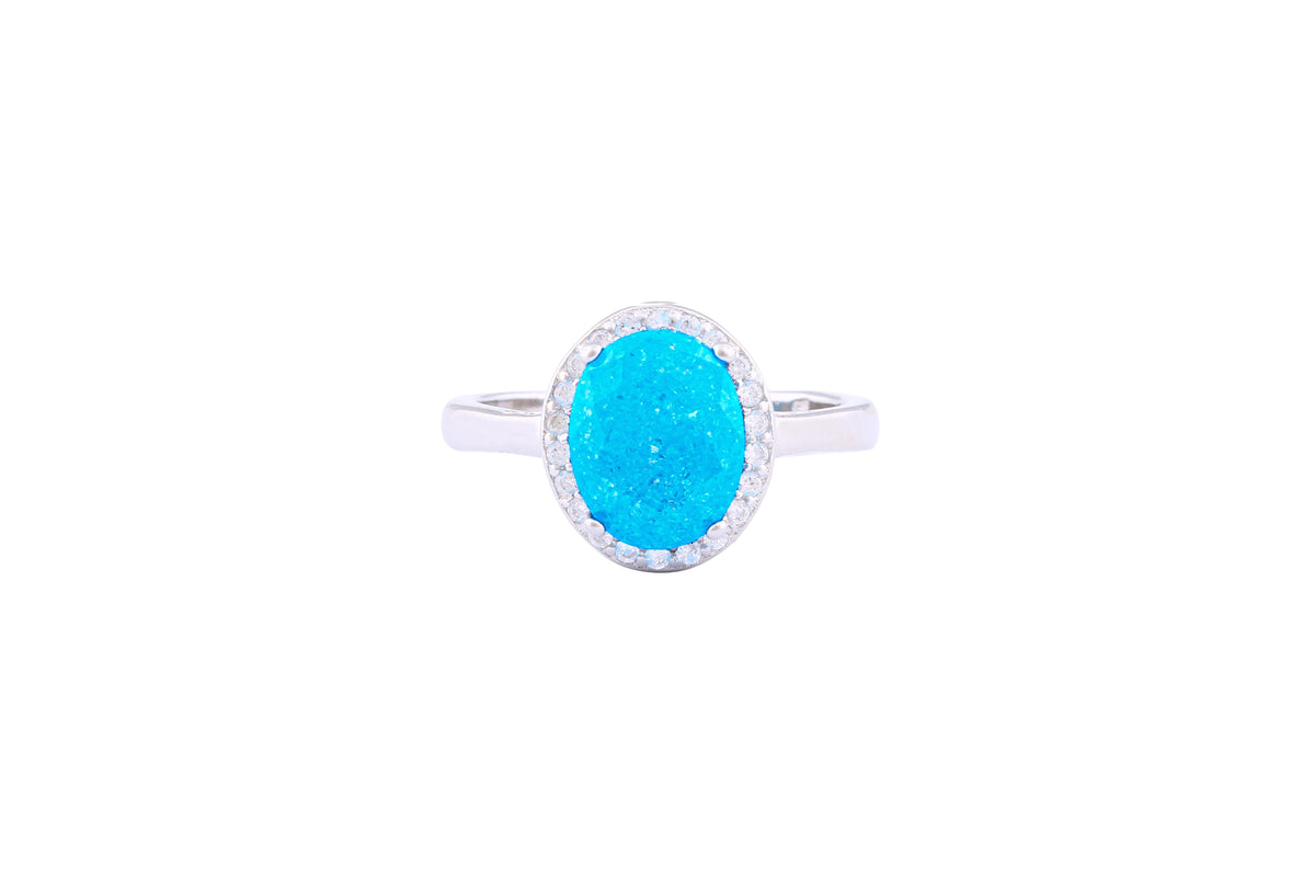 Asfour Crystal Halo Ring With Aquamarine Oval Design In 925 Sterling Silver-RD0095-M-A-8