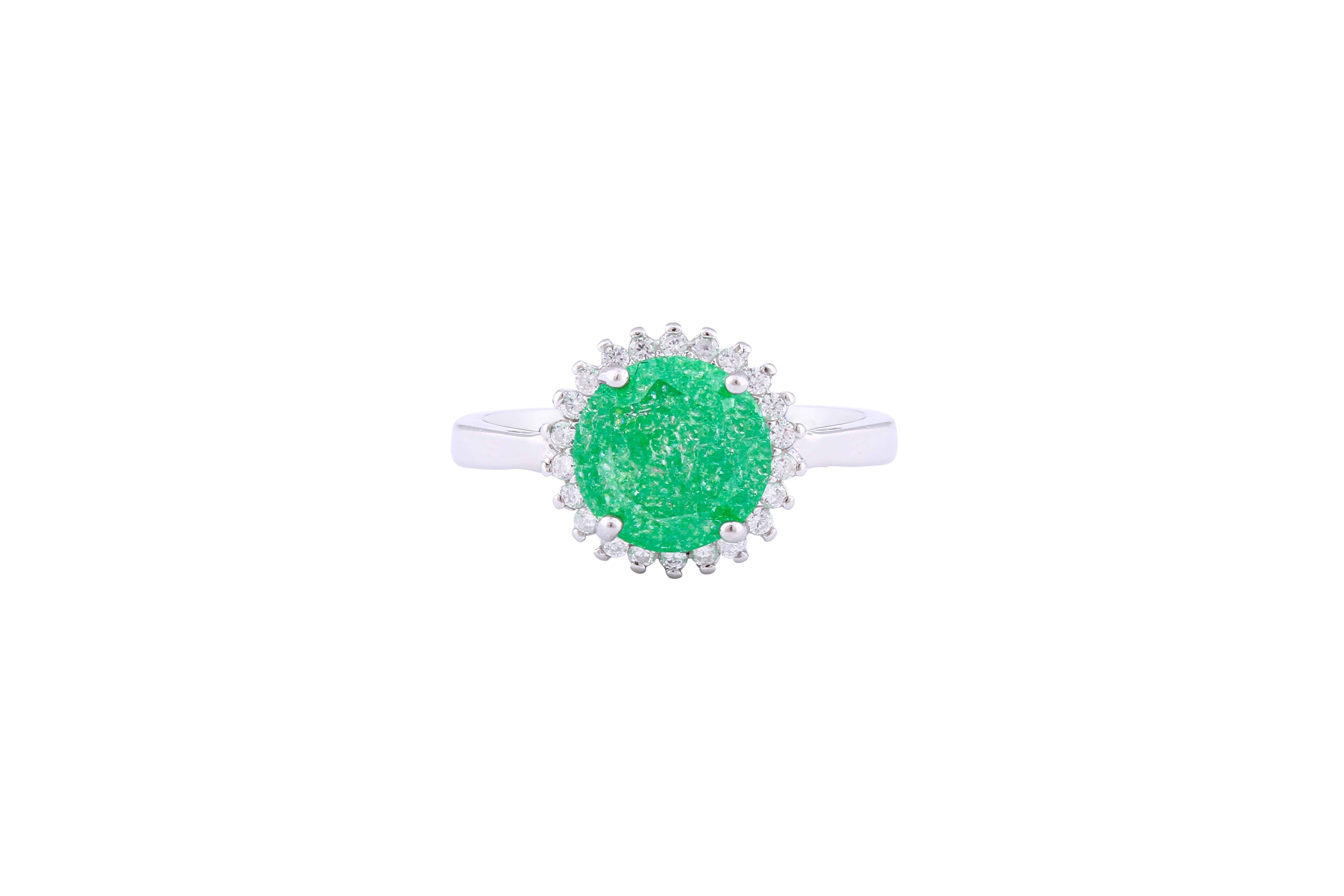 Asfour Crystal Halo Ring With Emerald Round Design In 925 Sterling Silver-RD0096-G-A-9