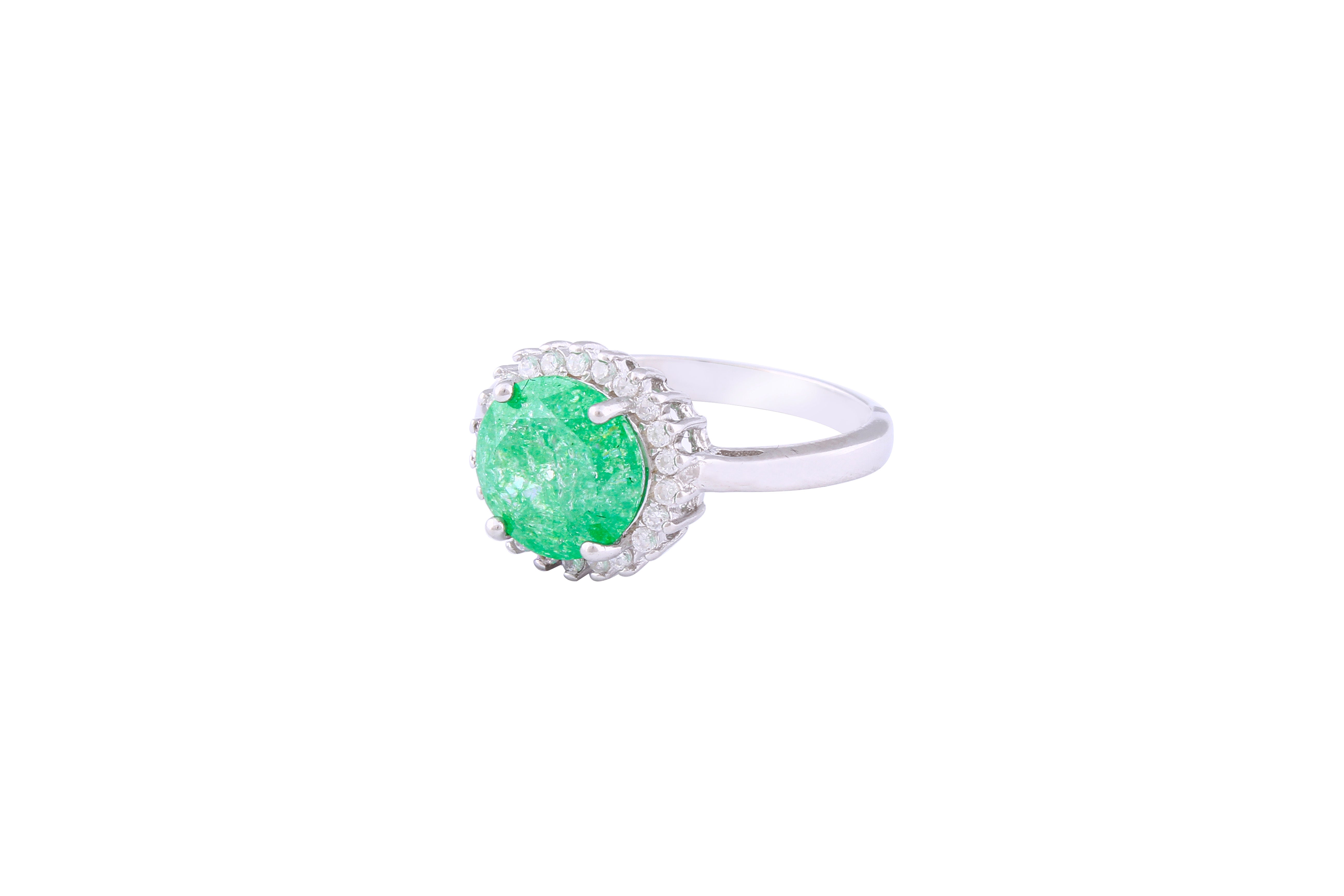 Asfour Crystal Halo Ring With Emerald Round Design In 925 Sterling Silver-RD0096-G-A-9