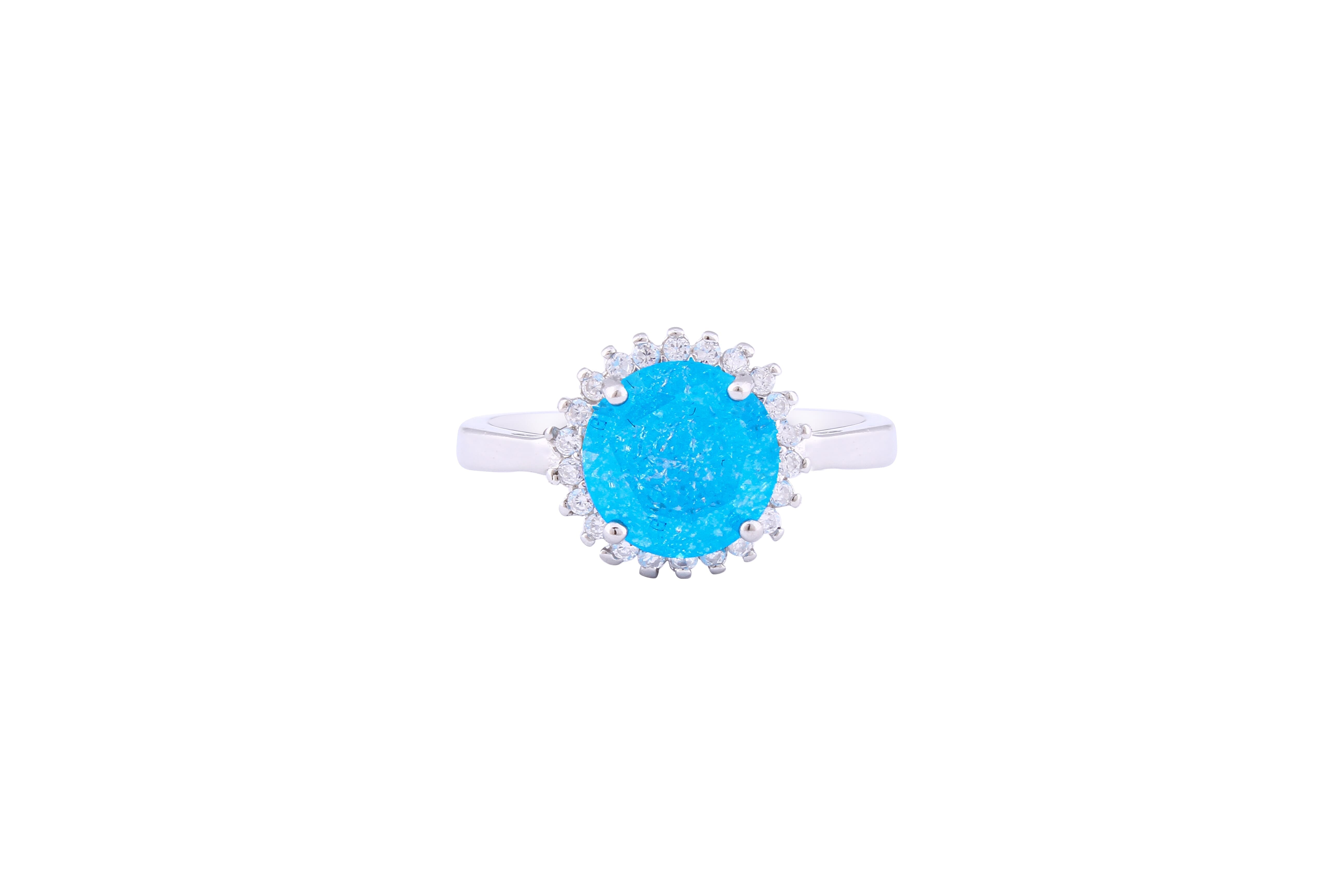 Asfour Crystal Halo Ring With Aquamarine Round Design In 925 Sterling Silver-RD0096-M-A-8