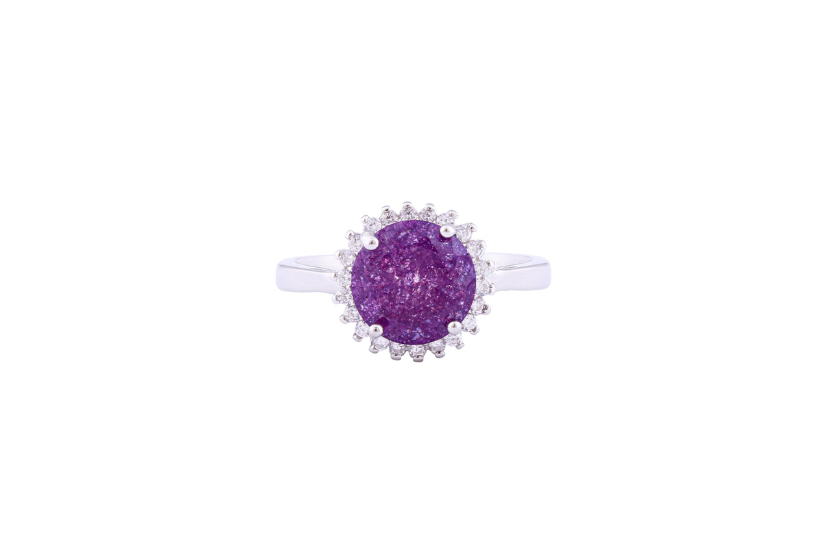 Asfour Crystal Halo Ring With Tenzanite Round Design In 925 Sterling Silver-RD0096-N-A-8